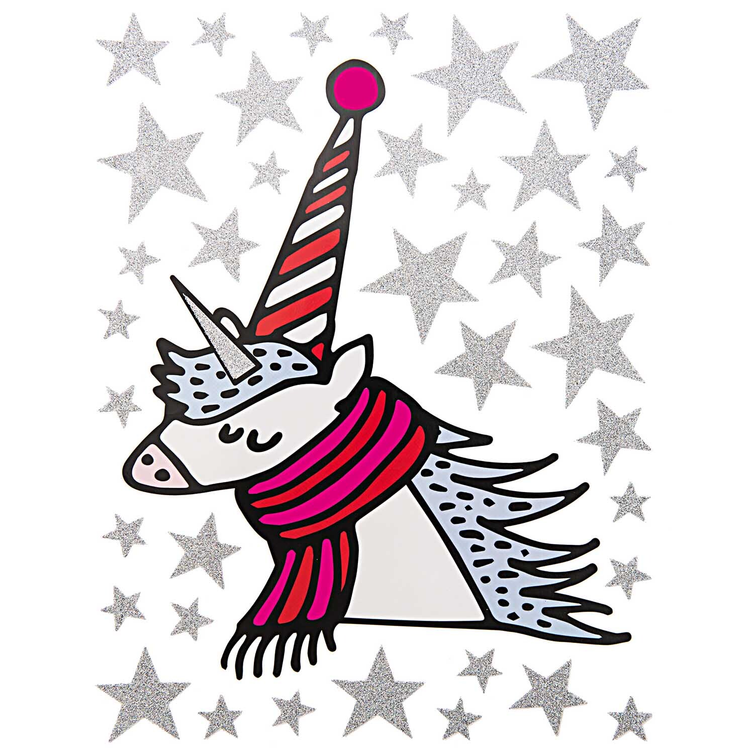 Adhäsionssticker Einhorn von Rico Design zeigt ein Einhorn mit Schal und Mütze, umgeben von silbernen Sternen.
