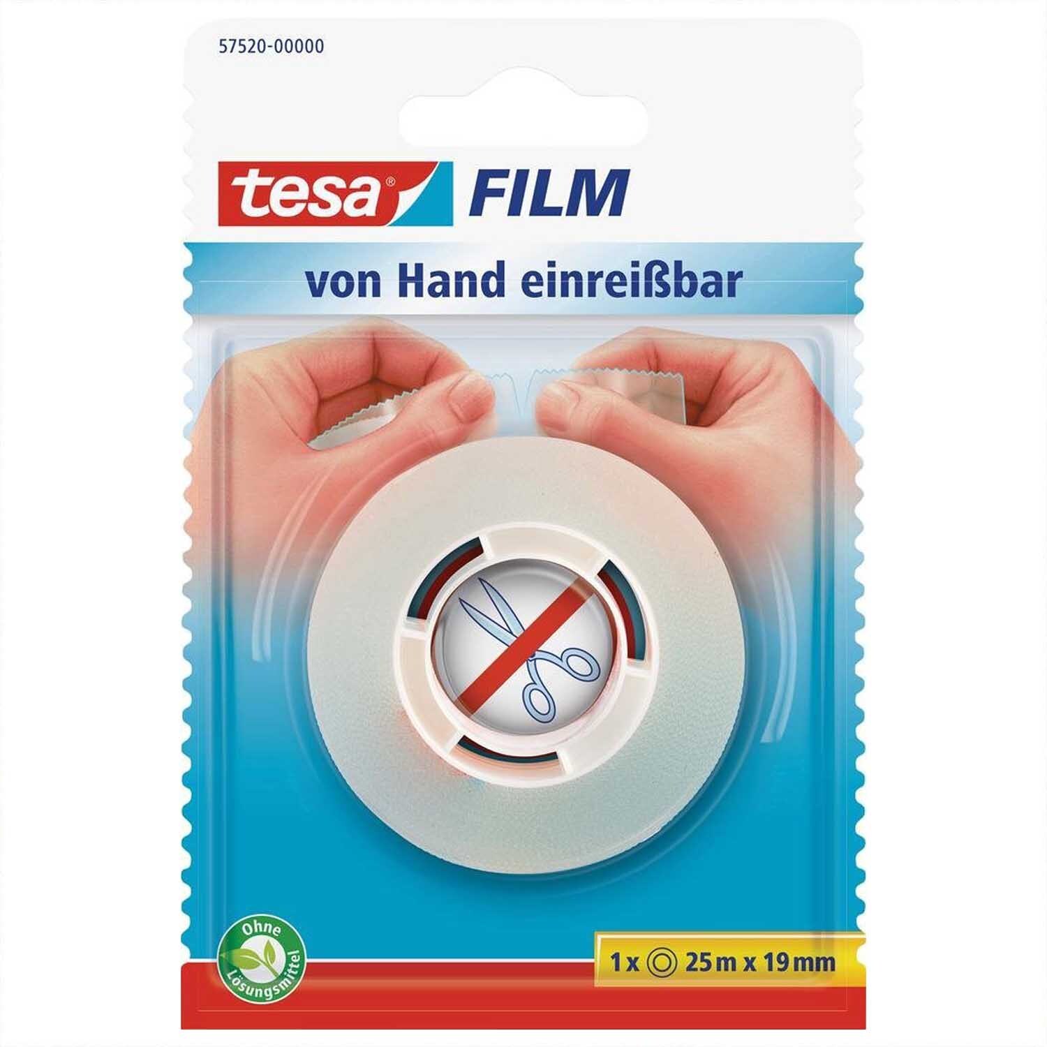 tesa film® Blister zeigt eine transparente Klebebandrolle, die von Hand einreißbar ist.