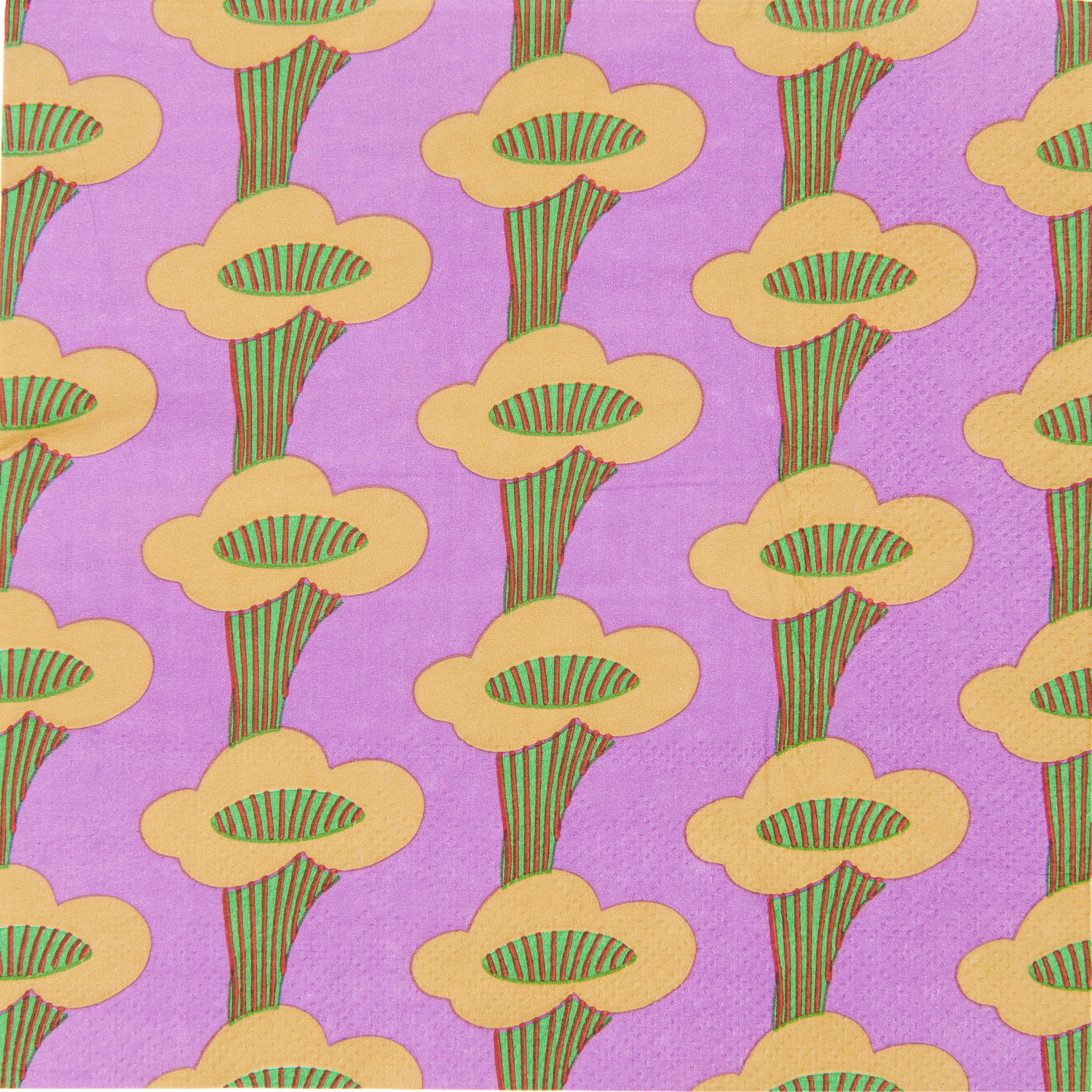 Servietten Pfifferlinge Violett mit gelben Pilzmuster auf lila Hintergrund, 33x33cm, 20 Stück.