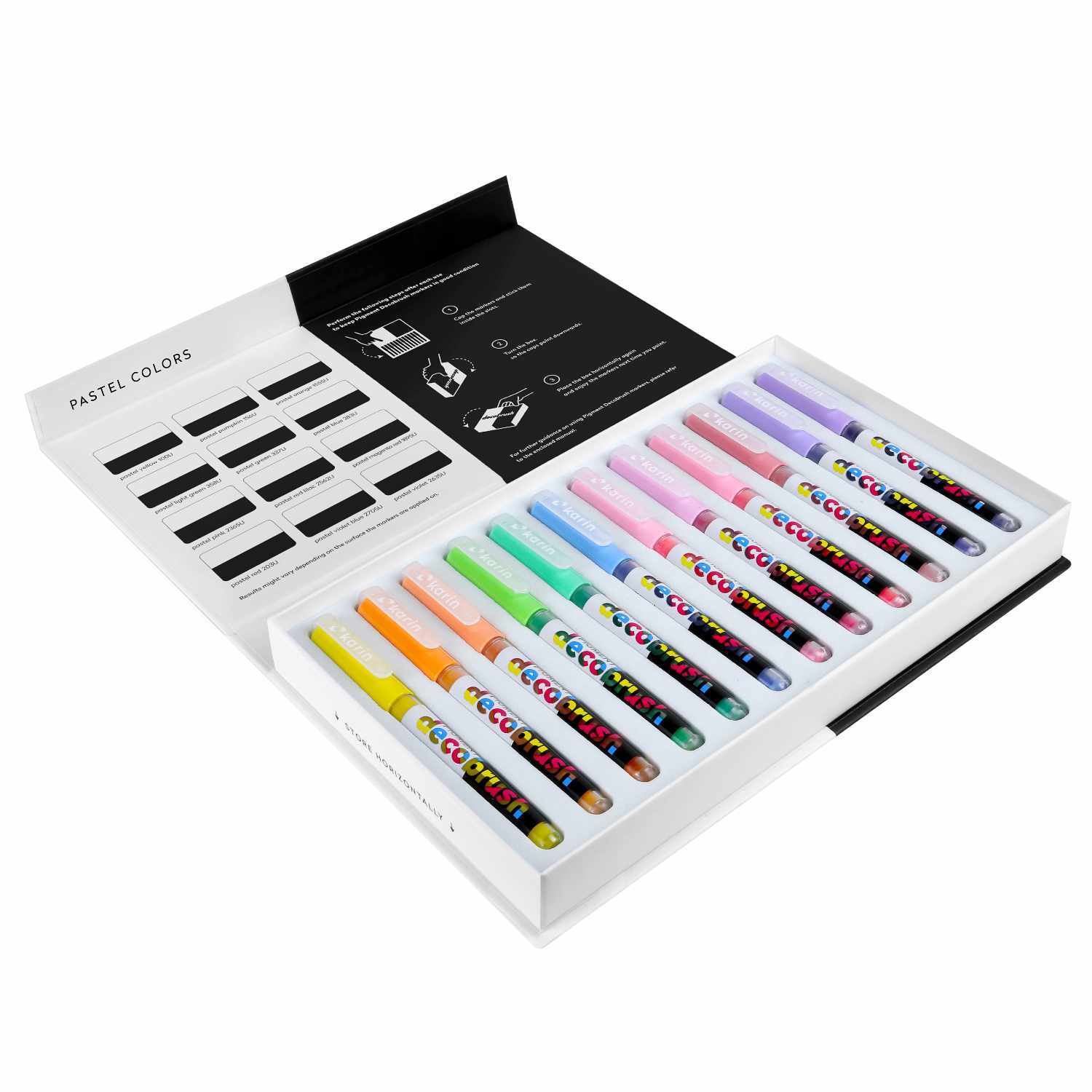 PIGMENT Deco Brush Marker Pastel Colors Set mit 12 Stiften in verschiedenen Pastelltönen in einer offenen Verpackung.