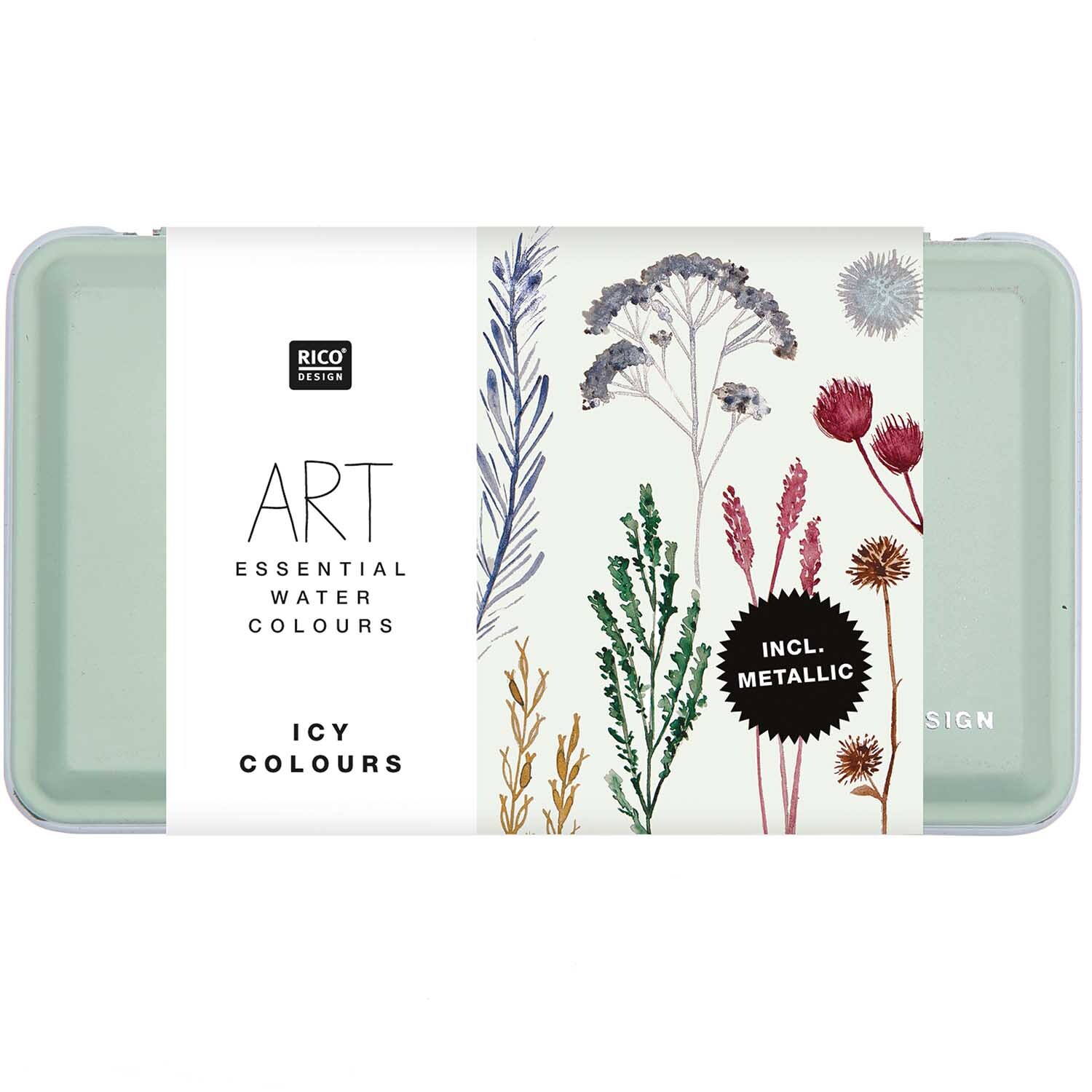 ART Essential Aquarellfarben Icy Colours 12 Farben von Rico Design, mit floralen Illustrationen auf der Verpackung.