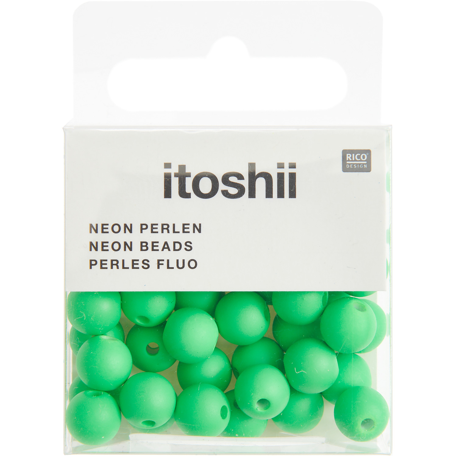 Itoshii Kunststoffperlen, 8mm, 40 Stück in leuchtendem Grün, ideal für kreative Bastelprojekte. Verpackung zeigt die Marke Rico Design.