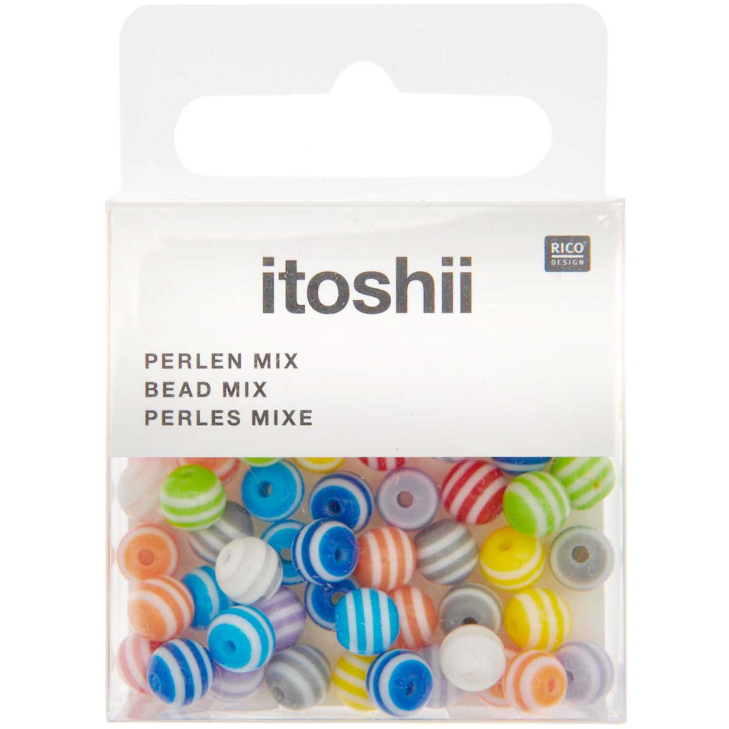 itoshii Gestreifte Perlen in einer transparenten Verpackung, bunte Streifen, 65 Stück, von Rico Design.