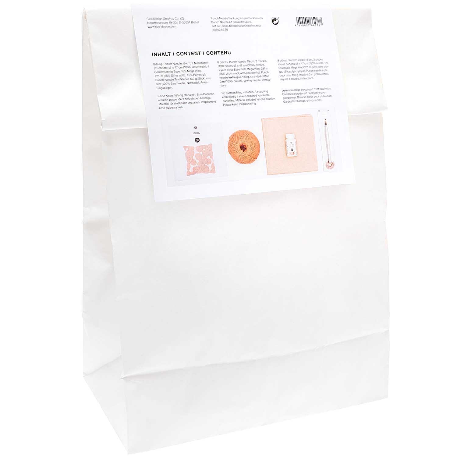 Punch Needle Packung Kissen Punkte rosa von Rico Design, abgebildet in weißer Verpackung.