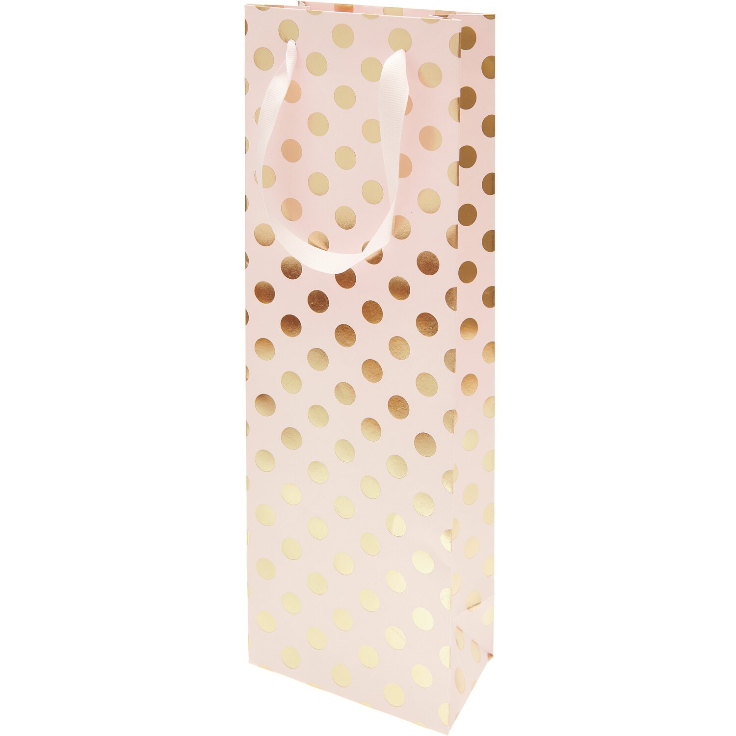 Paper Poetry Flaschentüte mit goldenen Punkten auf rosa Hintergrund, ideal für Geschenke.