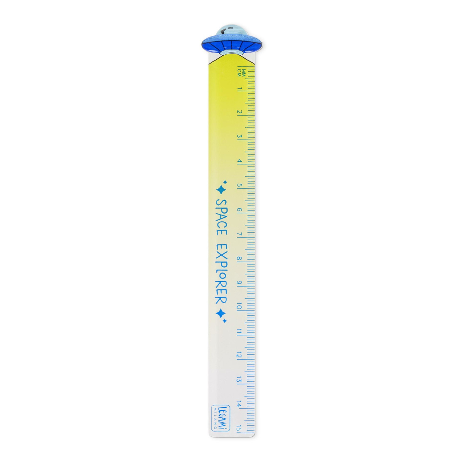 Lineal Space Explorer, 15cm, von Legami. Gelb-blaues Design mit UFO-Motiv und Zentimeterskala.