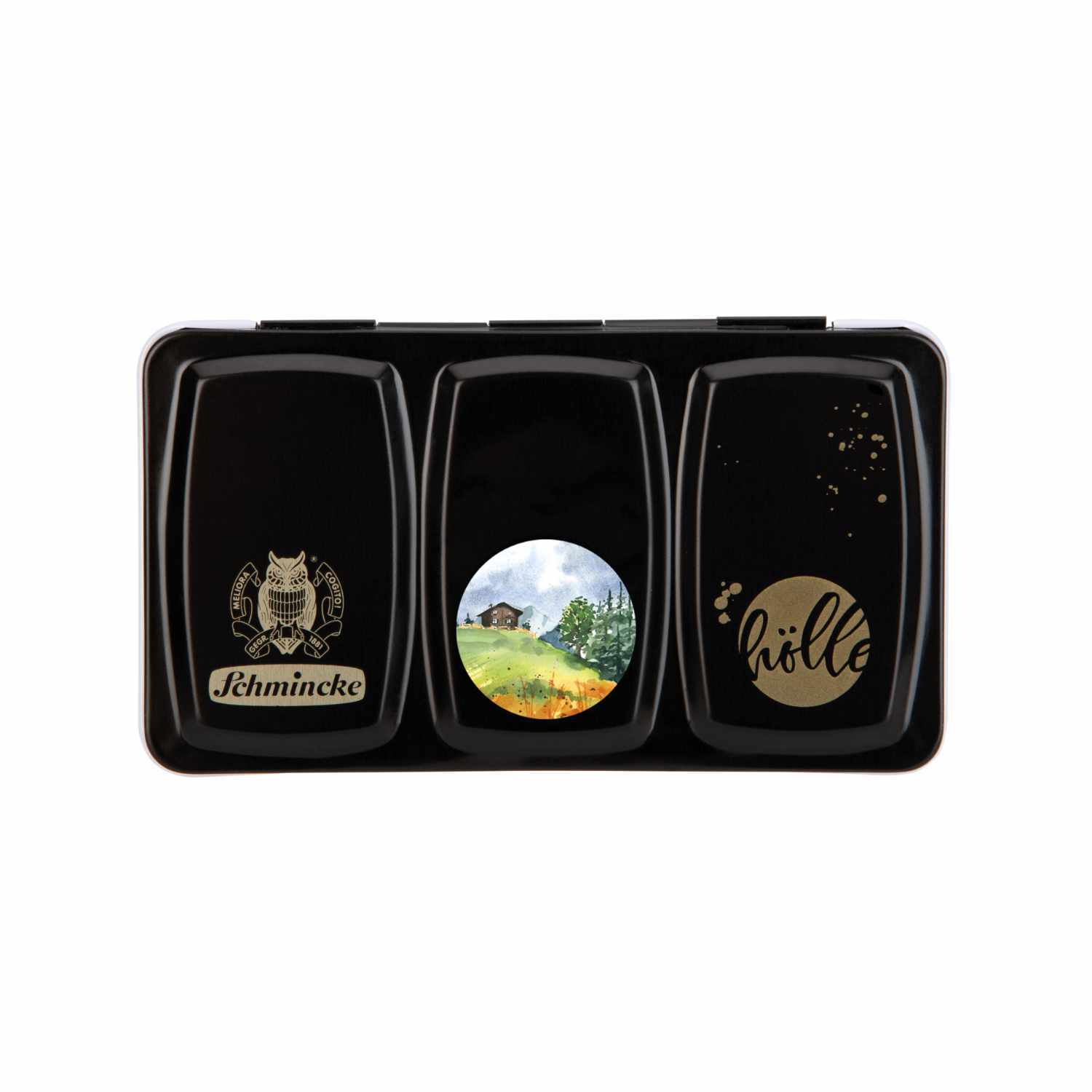 Schmincke Horadam Aquarellkasten mit 12 halben Näpfen, schwarze Box mit Landschaftsdesign und Frau Hölle Logo.
