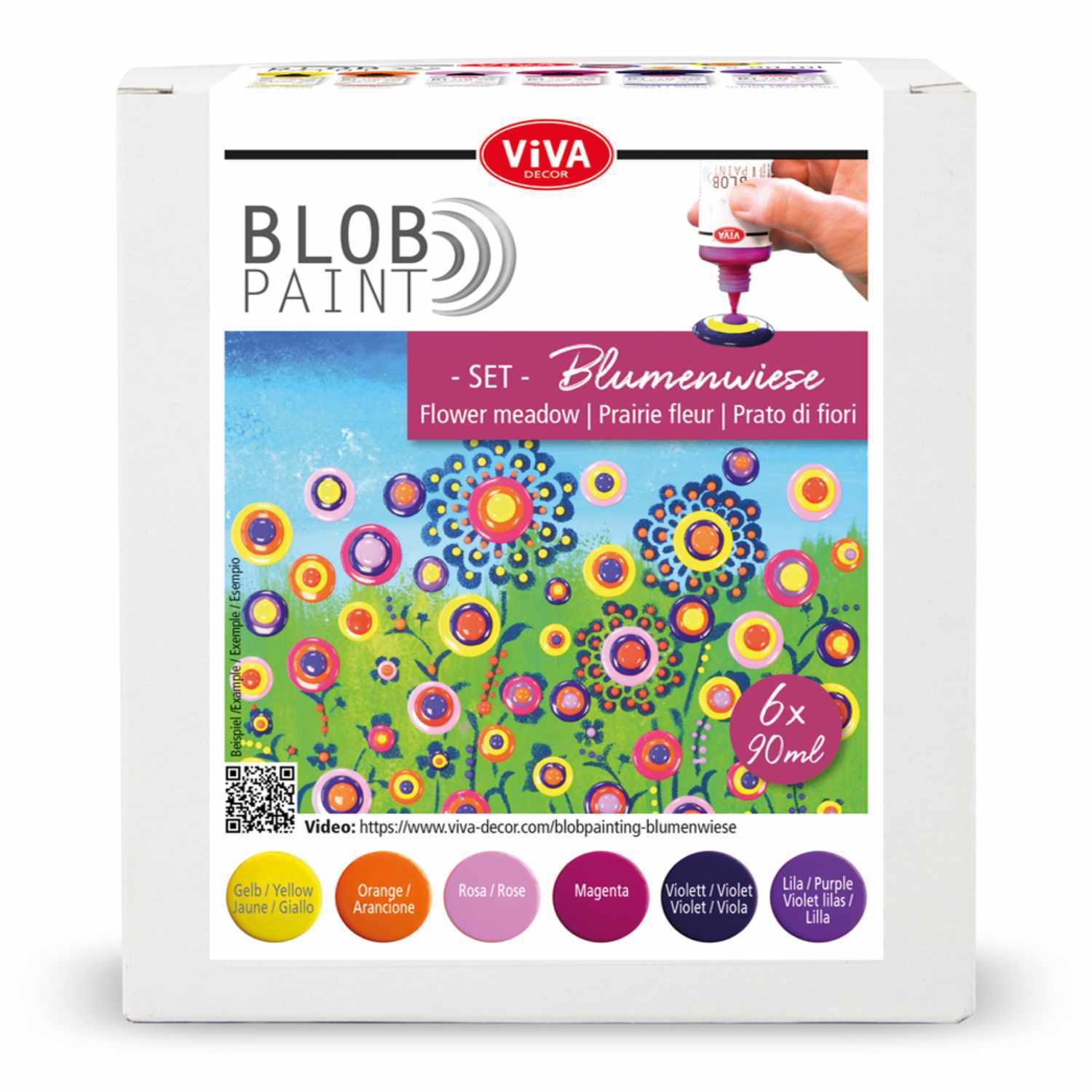 Blob Paint Set Blumenwiese 6x90ml zeigt eine bunte Blumenwiese. Ideal für kreative Malprojekte.