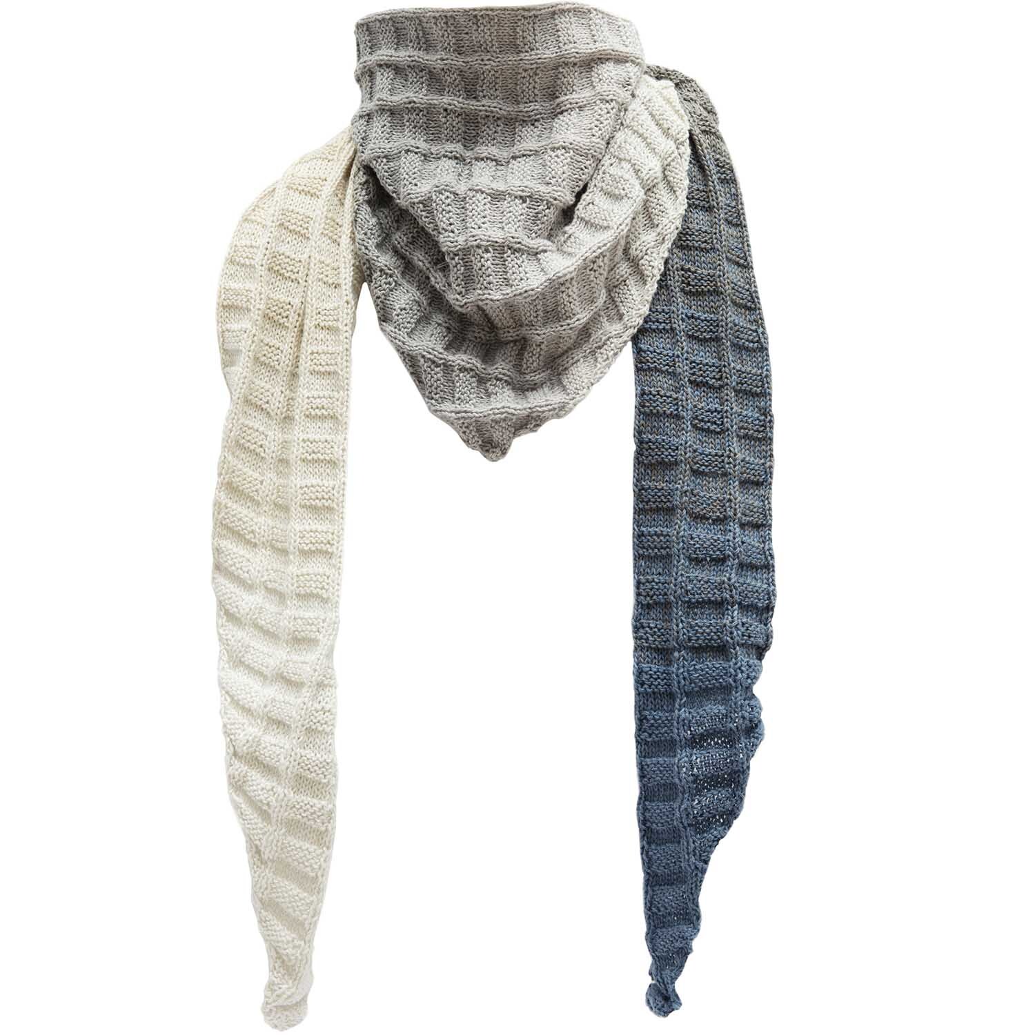 Creative Cotton Dégradé Lucky 8: Dreifarbiger Schal in Creme-Grau von Rico Design, gestrickt aus weicher Baumwolle.