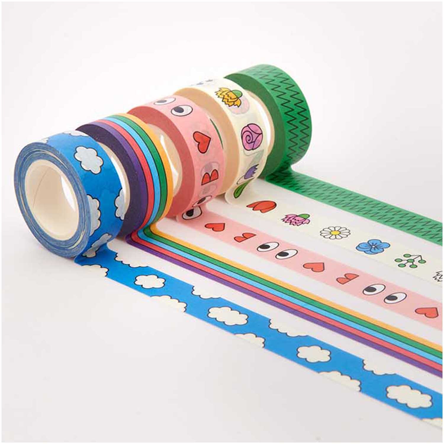 Rico Design x Redfries Tape Set Eye Candy, 5-teilig, buntes Washi Tape mit Wolken- und Herzmotiven. Ideal für kreative Bastelprojekte.