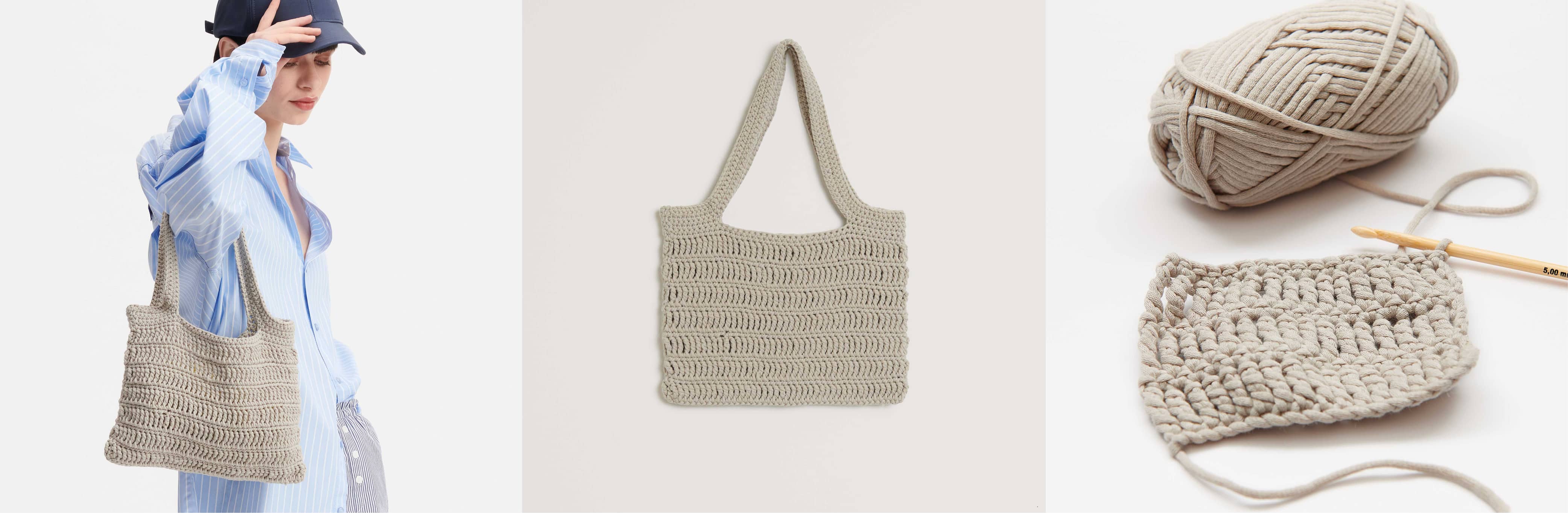 Gehäkelte Tasche Modell 26 aus Made by Me No. 18 getragen am Model und ausgelegt auf grauem Hintergrund. Daneben ein Wollknäuel in Beige und ein Häkelstück mit Häkelnadel