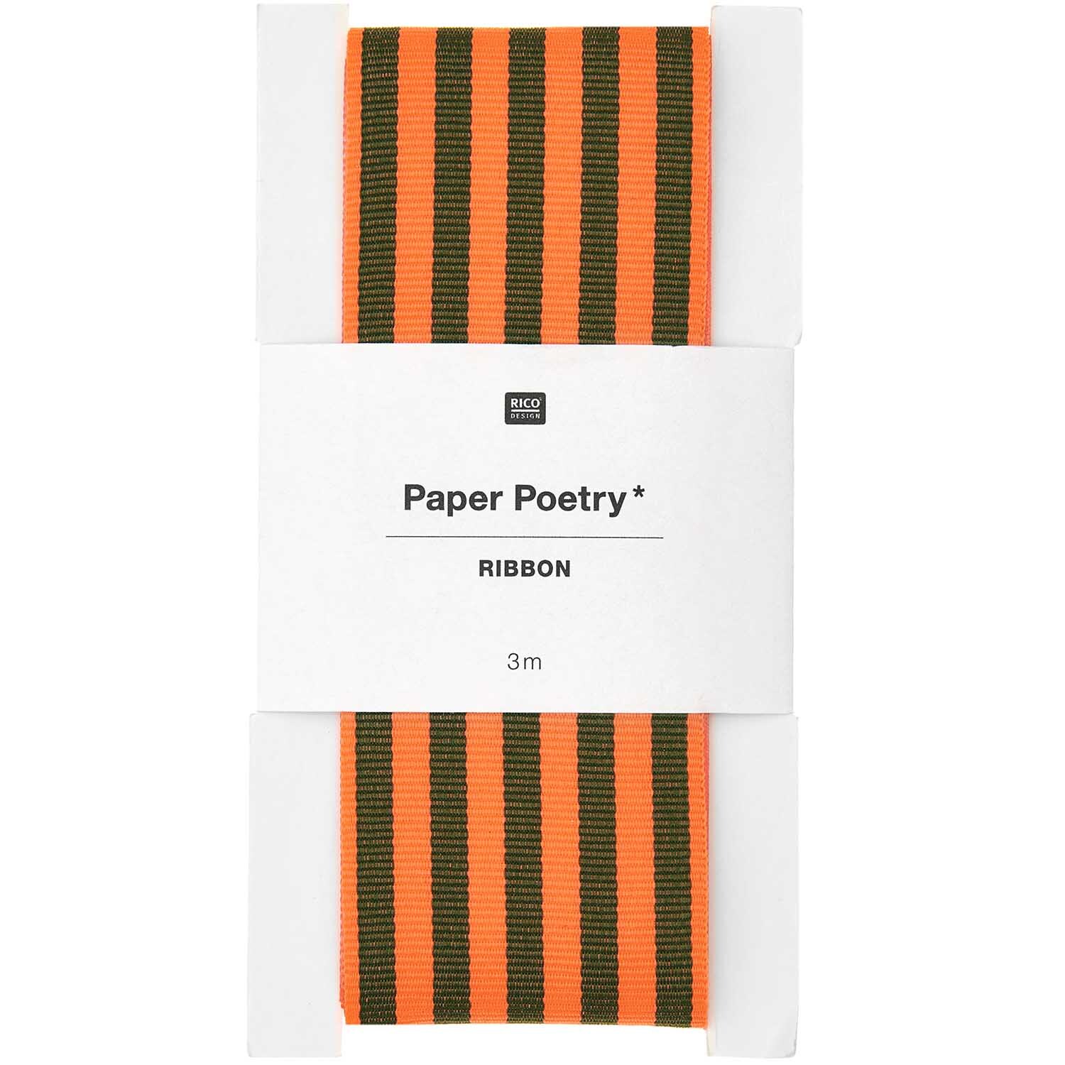 Paper Poetry Webband mit Streifen in Olive und Neon Rot, 38mm breit, 3m lang, von Rico Design.