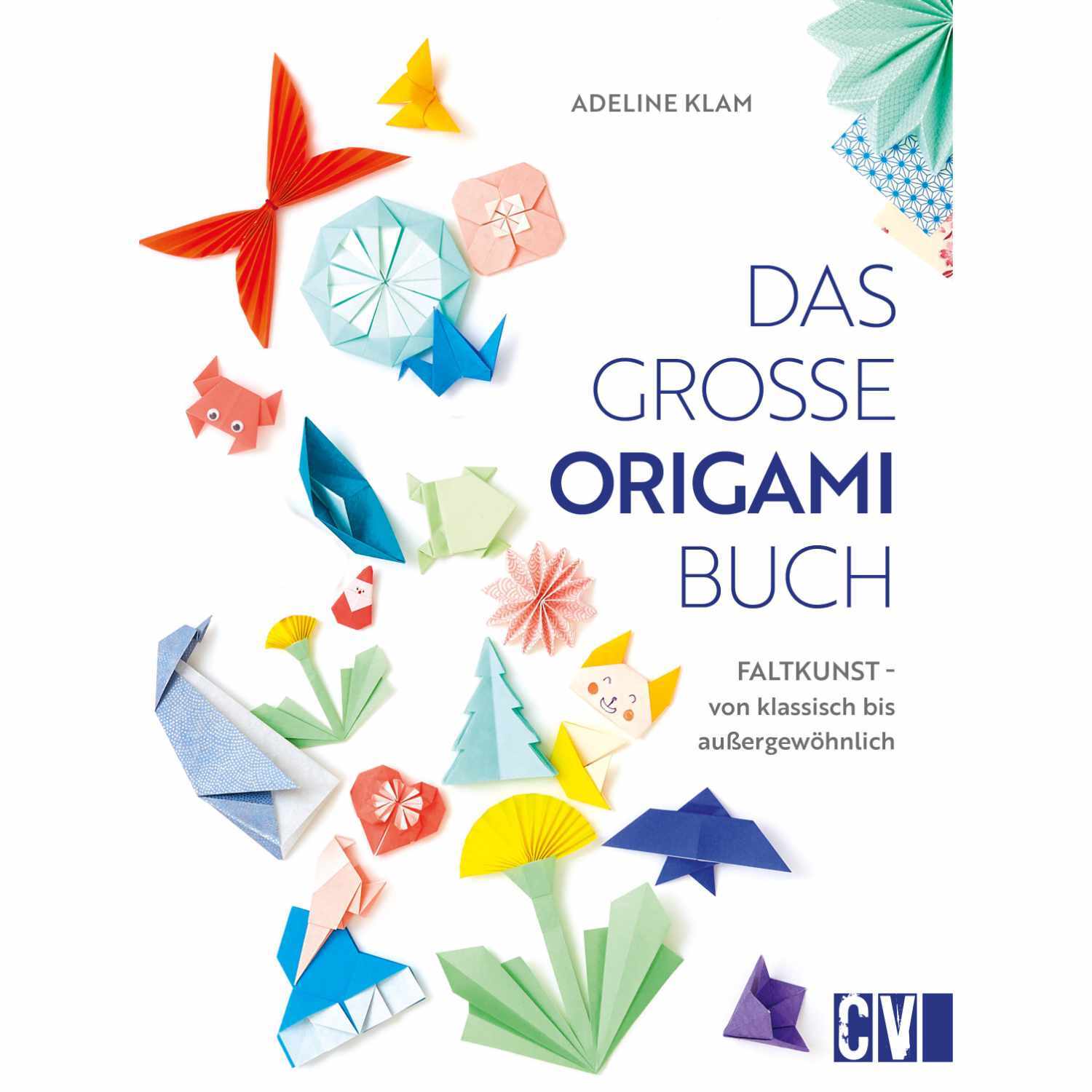Das große Origami Buch zeigt bunte Origami-Figuren und Blumen auf weißem Hintergrund.