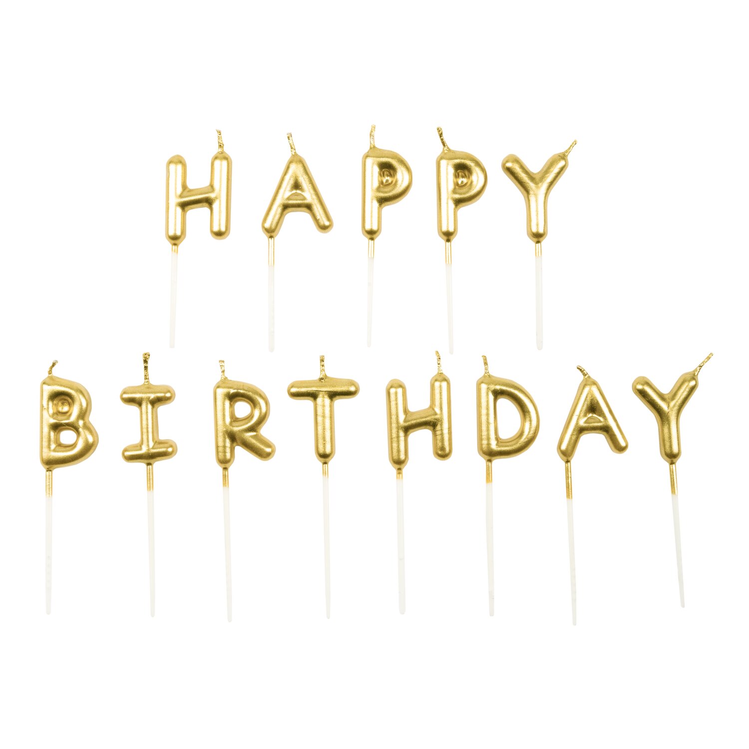 Kerzen Happy Birthday Gold, Schriftzug-Kuchenkerzen von Rico Design, 13 Stück, metallic glänzend auf weißen Stäbchen für festliche Geburtstagsdekoration
