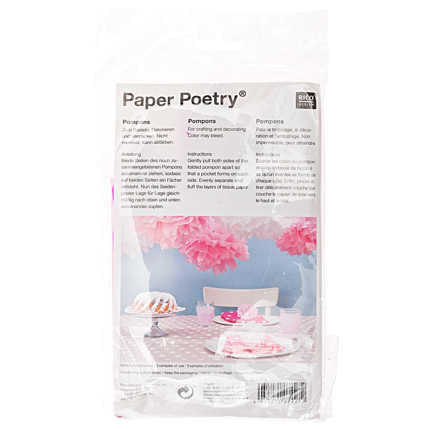 Seidenpapier Pompons 17g/m² 3 Stück von Rico Design in Pink, ideal zur Dekoration und Basteln.