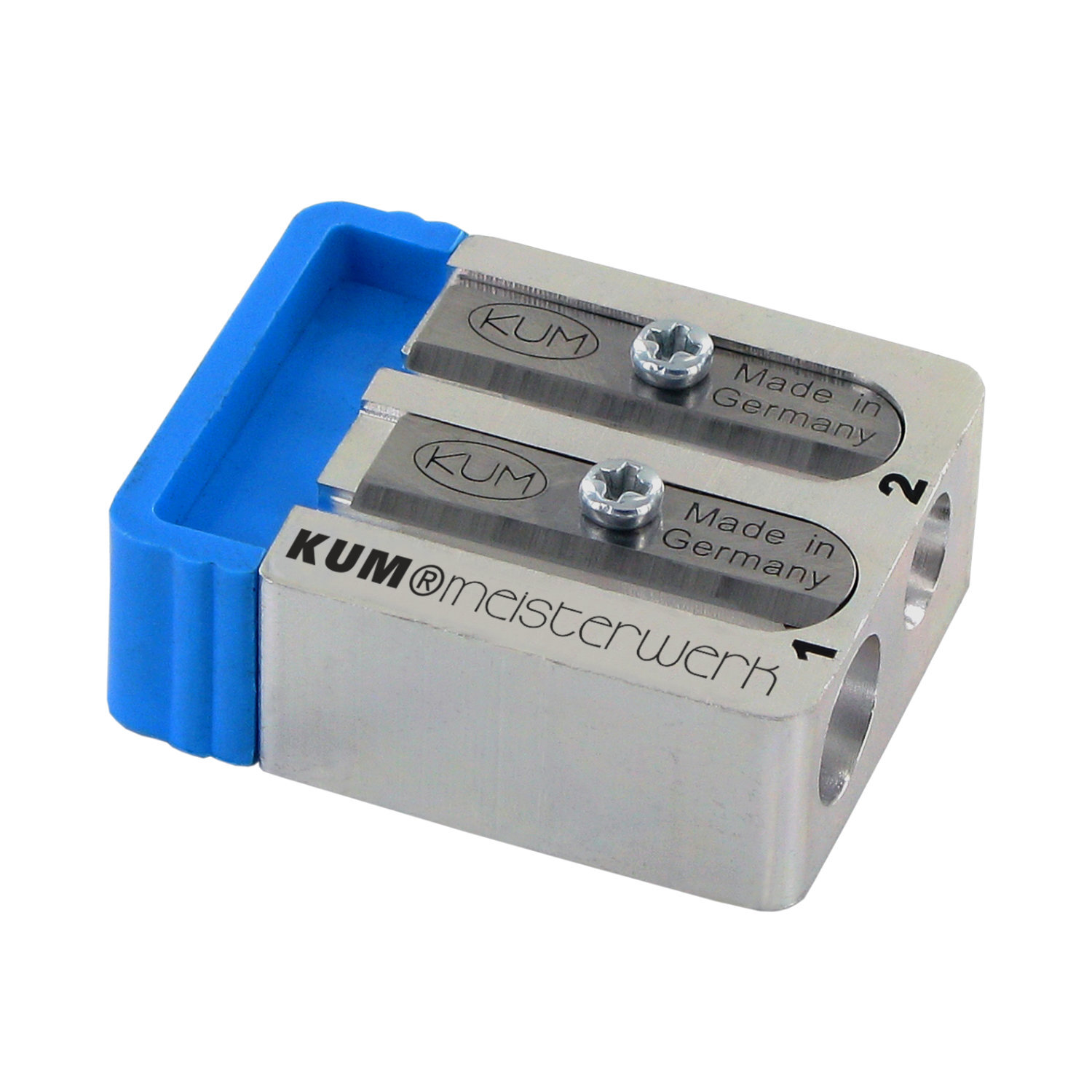Anspitzer Meisterwerk von KUM mit blauem Behälter, zwei silbernen Klingen, ideal für präzises Spitzen.
