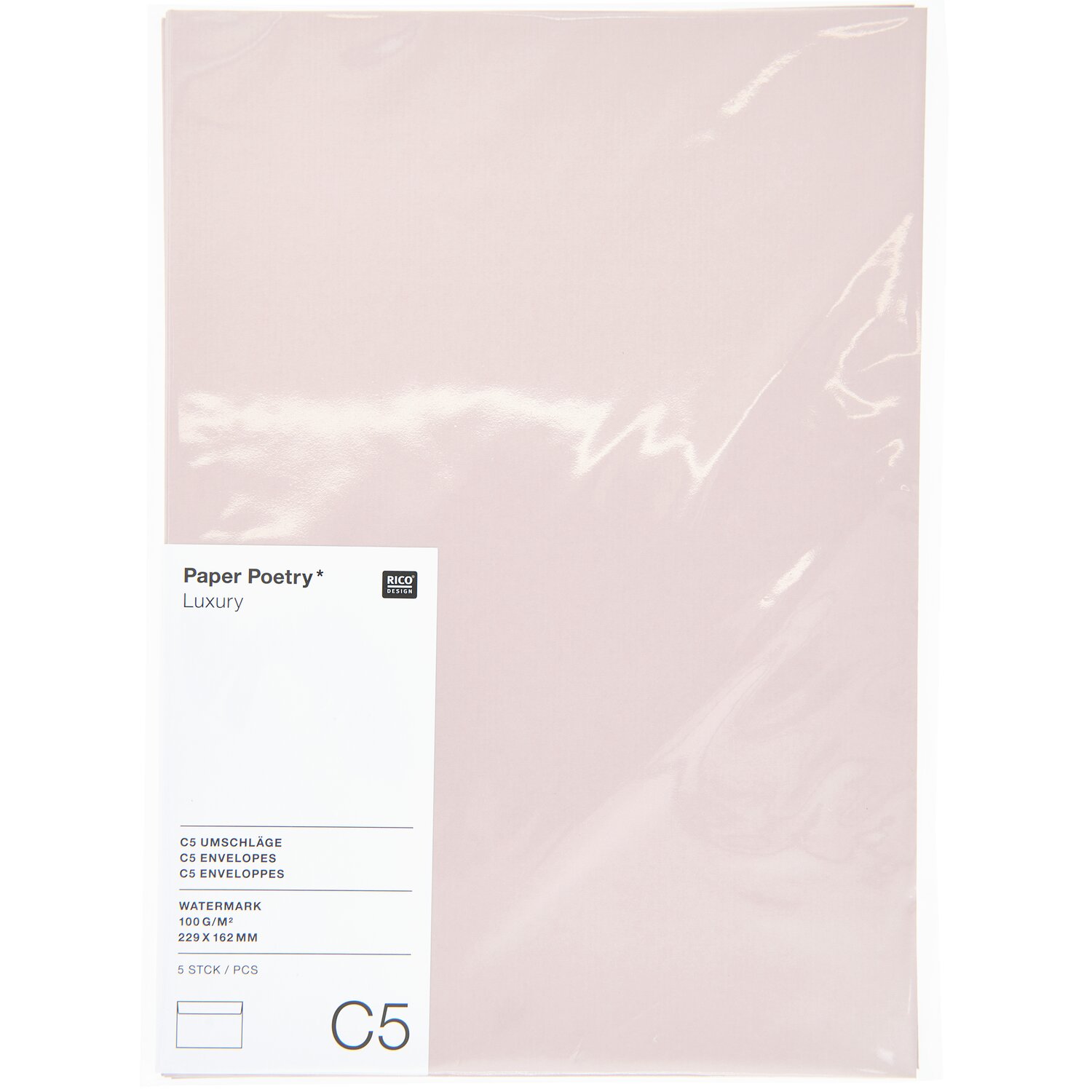 Paper Poetry Luxury Umschläge C5 in zartem Rosa, 5 Stück von Rico Design, ideal für elegante Korrespondenz.