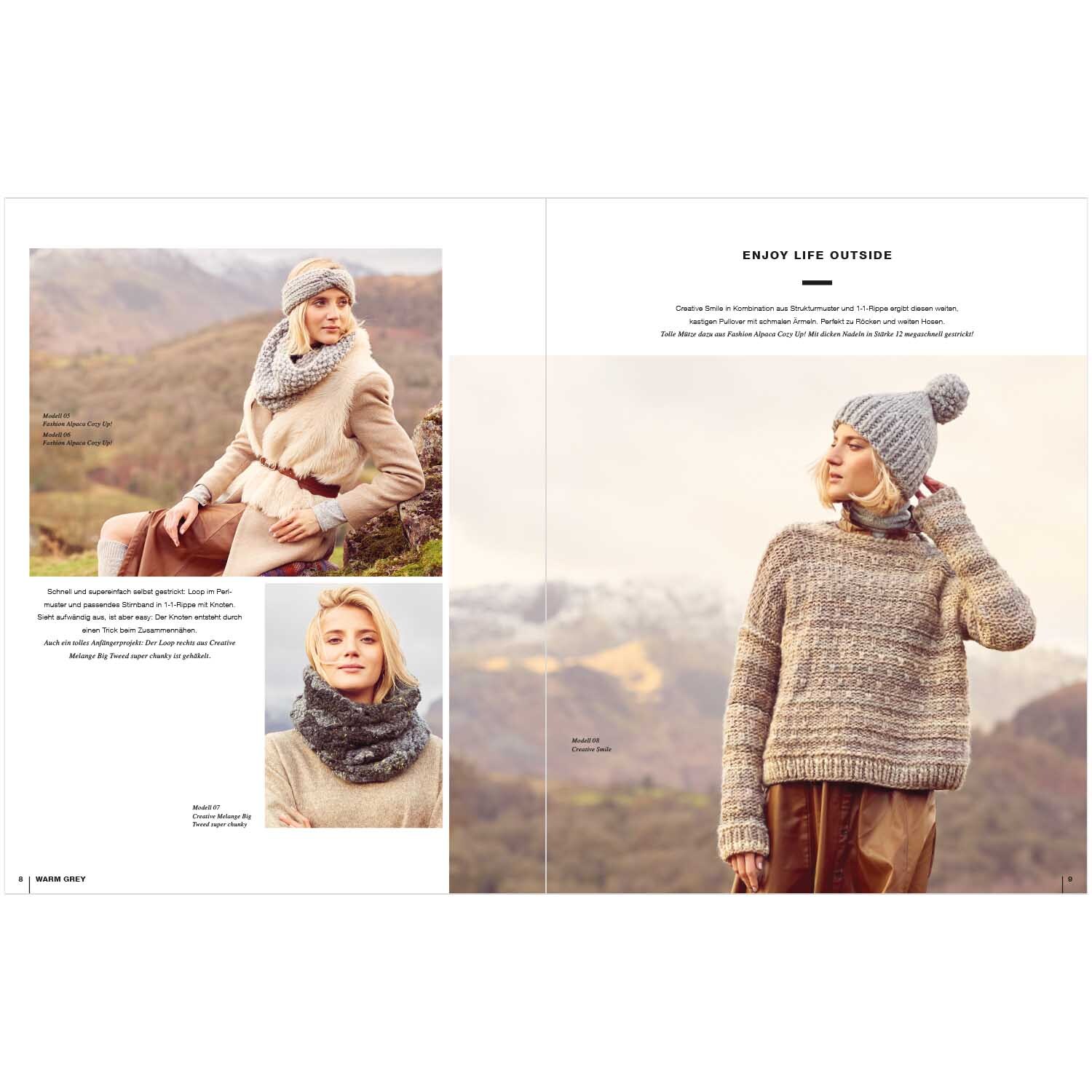 Lovewool Nr.11 Handstrickmagazin Herbst-Winter zeigt stilvolle Strickmode in Naturtönen vor malerischer Bergkulisse. Ideal für Outdoor-Enthusiasten.