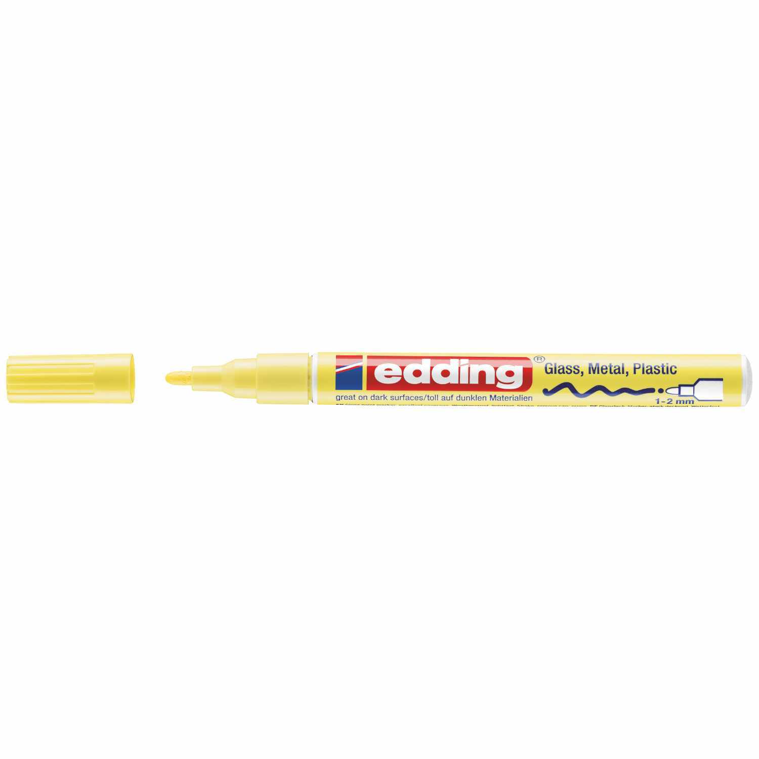 751 Glanzmarker in Pastellgelb von edding, ideal für Glas, Metall und Plastik, mit abnehmbarer Kappe.