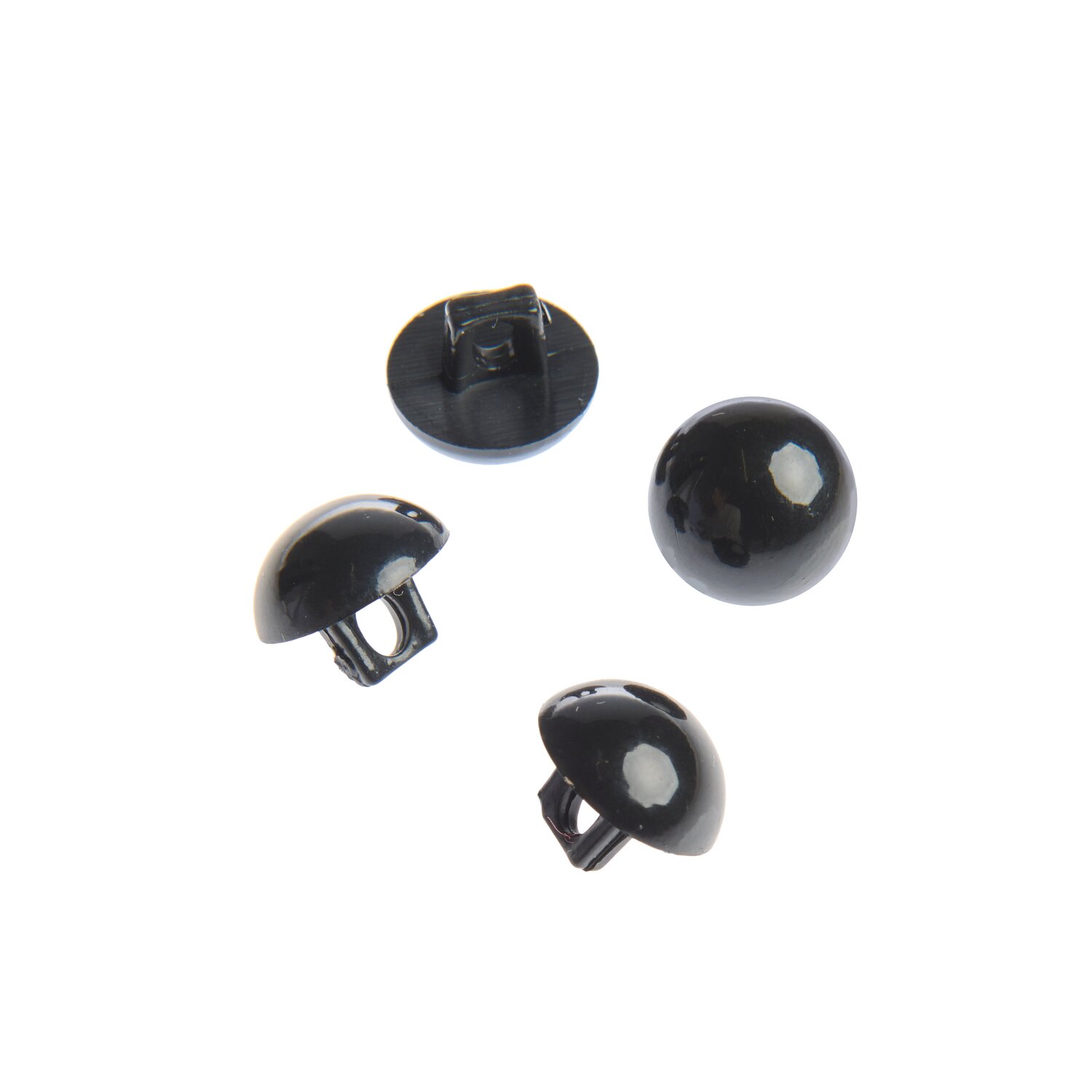 Vier braun-schwarze Knöpfe mit Steg und einer Größe von 8,5 mm.