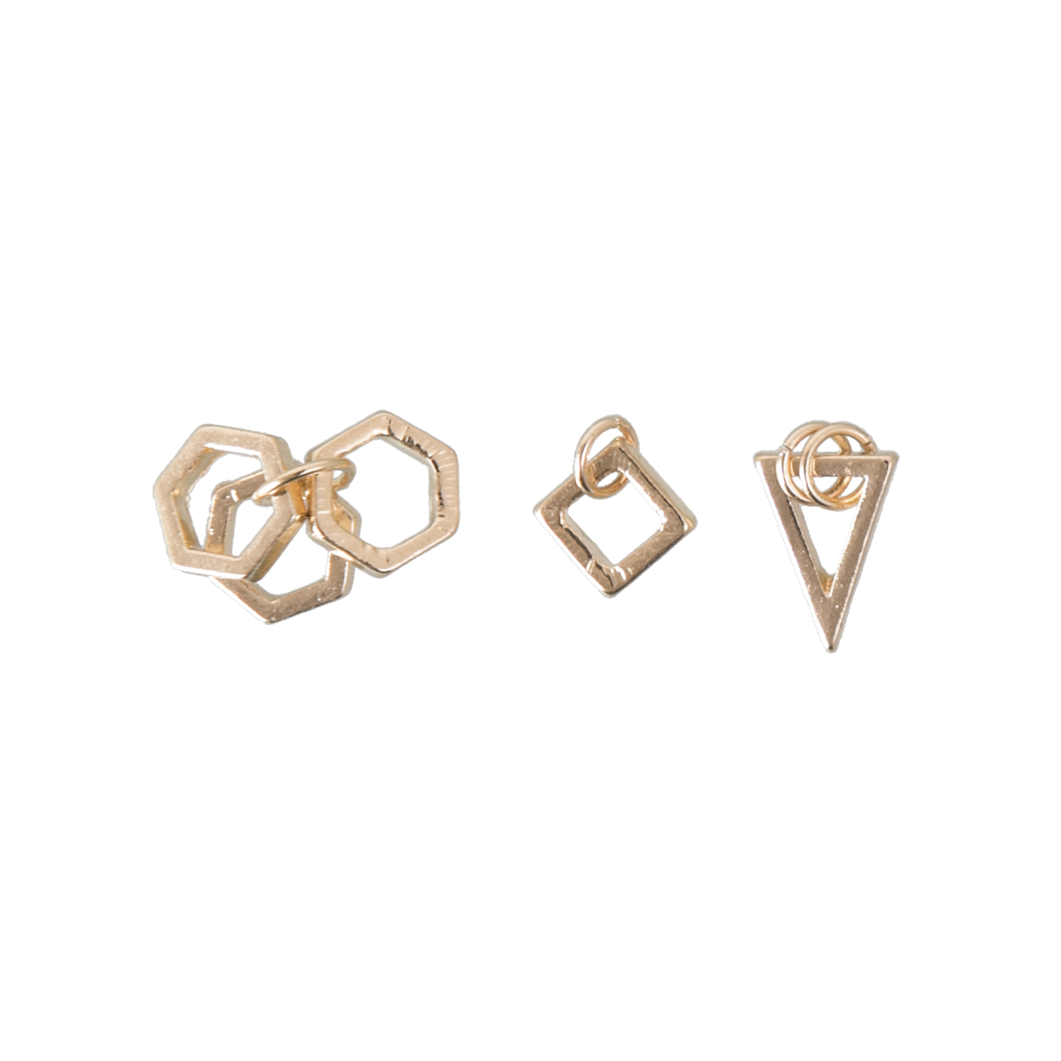 Anhänger Mix9 gold 3 Stück von Rico Design: Drei geometrische Anhänger in Gold, bestehend aus Sechseck, Quadrat und Dreieck.