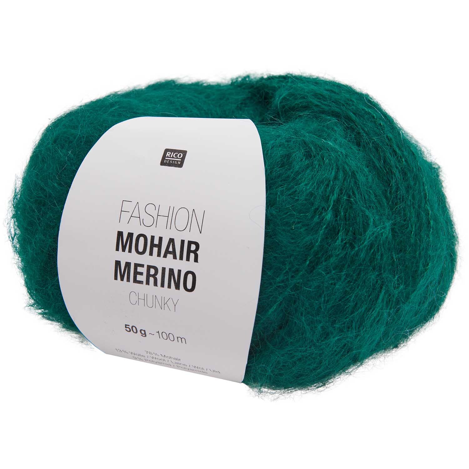 Fashion Mohair Merino Chunky von Rico Design in Alge, 50g Knäuel, ideal für Strickprojekte.