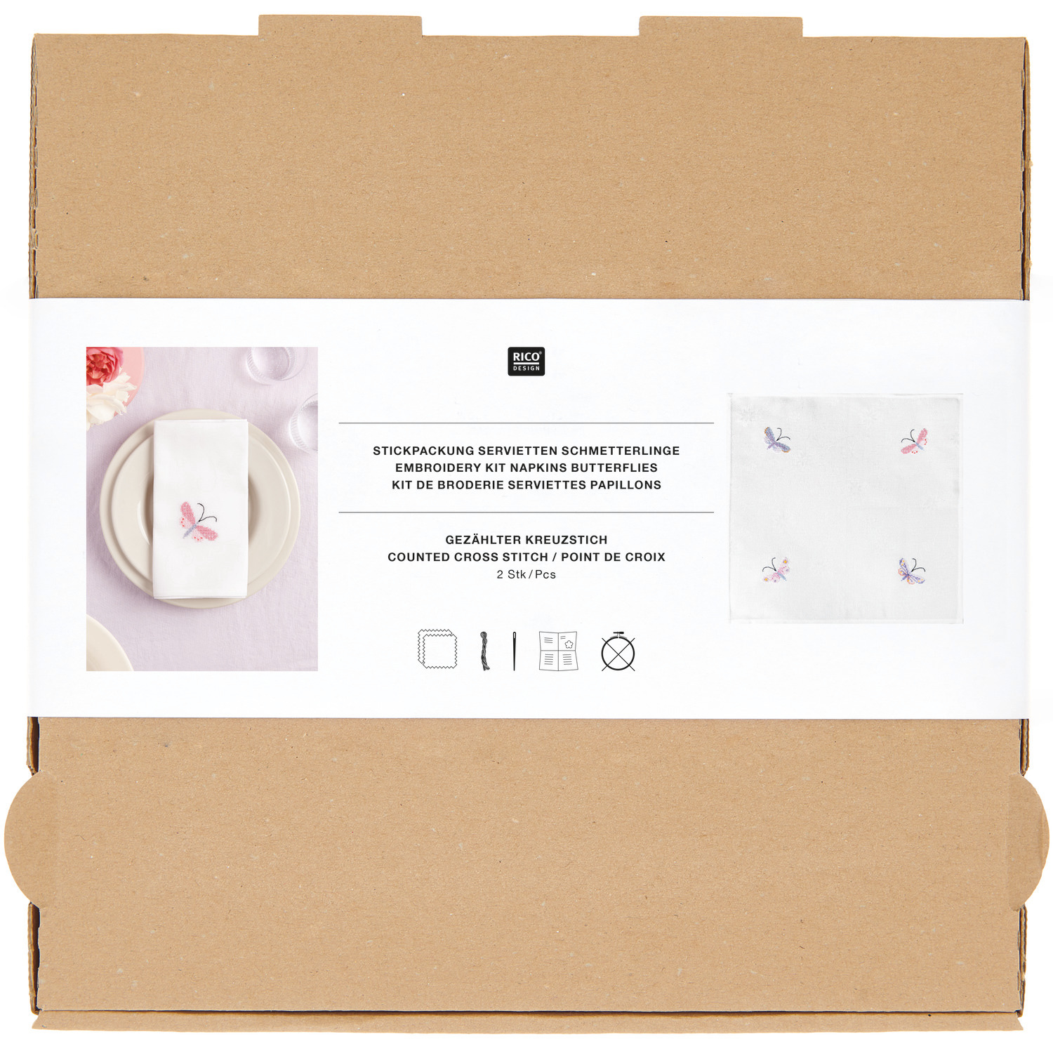 Stickpackung Servietten mit Schmetterlingen 42x42cm 2 Stück von Rico Design