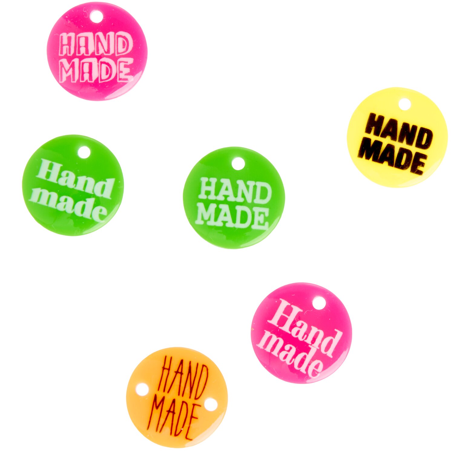 Knöpfe Handmade Neon, 1,5cm 6 Stück, runde farbige Anhänger mit Aufdruck „Hand made“, ideal als dekorative Marken-Akzente für individuelle Nähprojekte