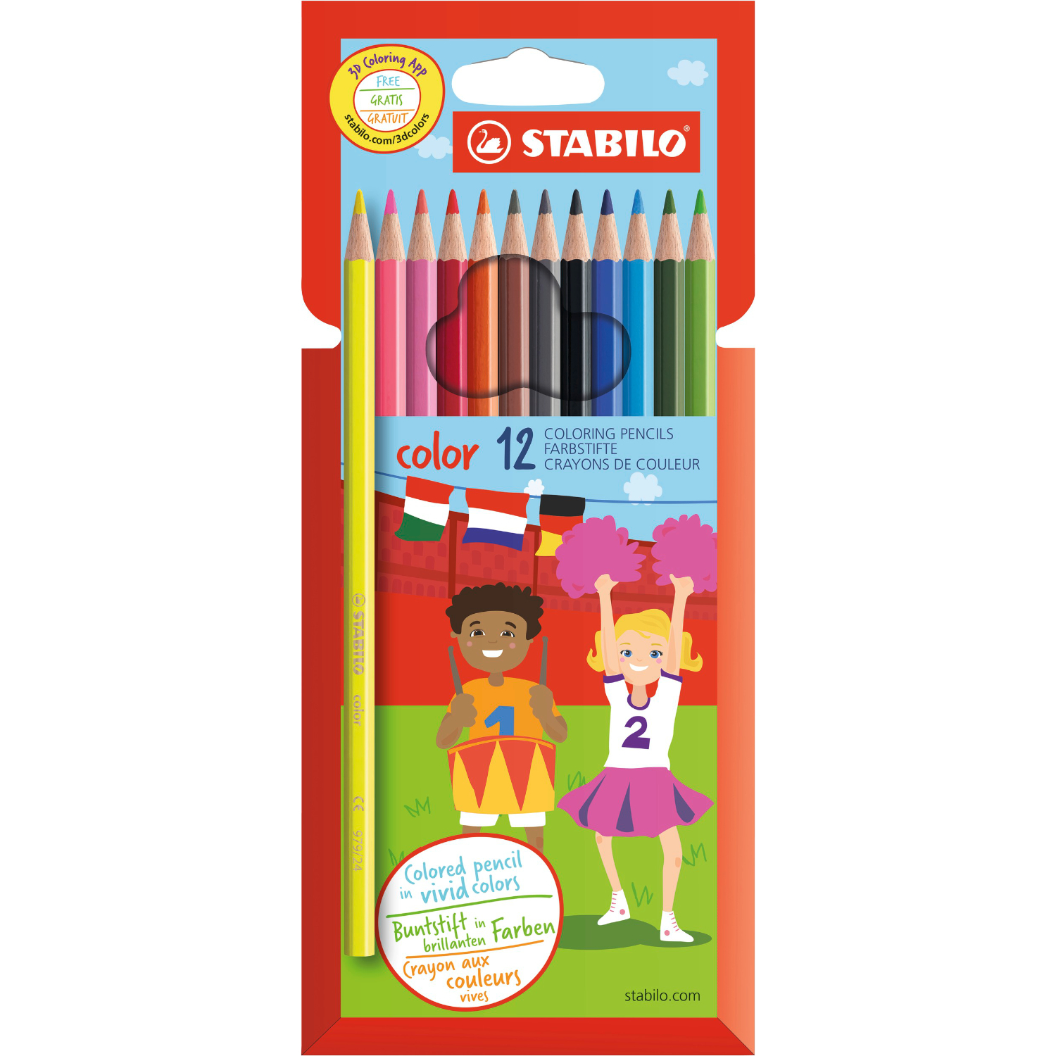 STABILO color Buntstifte, 12 Stück in bunter Verpackung mit fröhlichen Kindern und Regenbogenfarben.