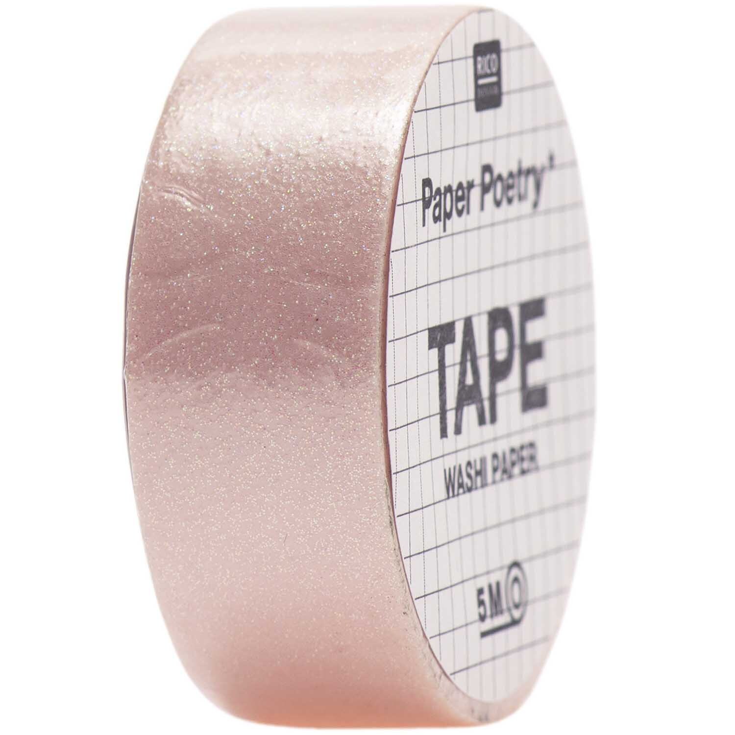 Paper Poetry Tape Glitter 15mm 5m in Rosa von Rico Design, glänzend und dekorativ auf schwarzem Hintergrund.