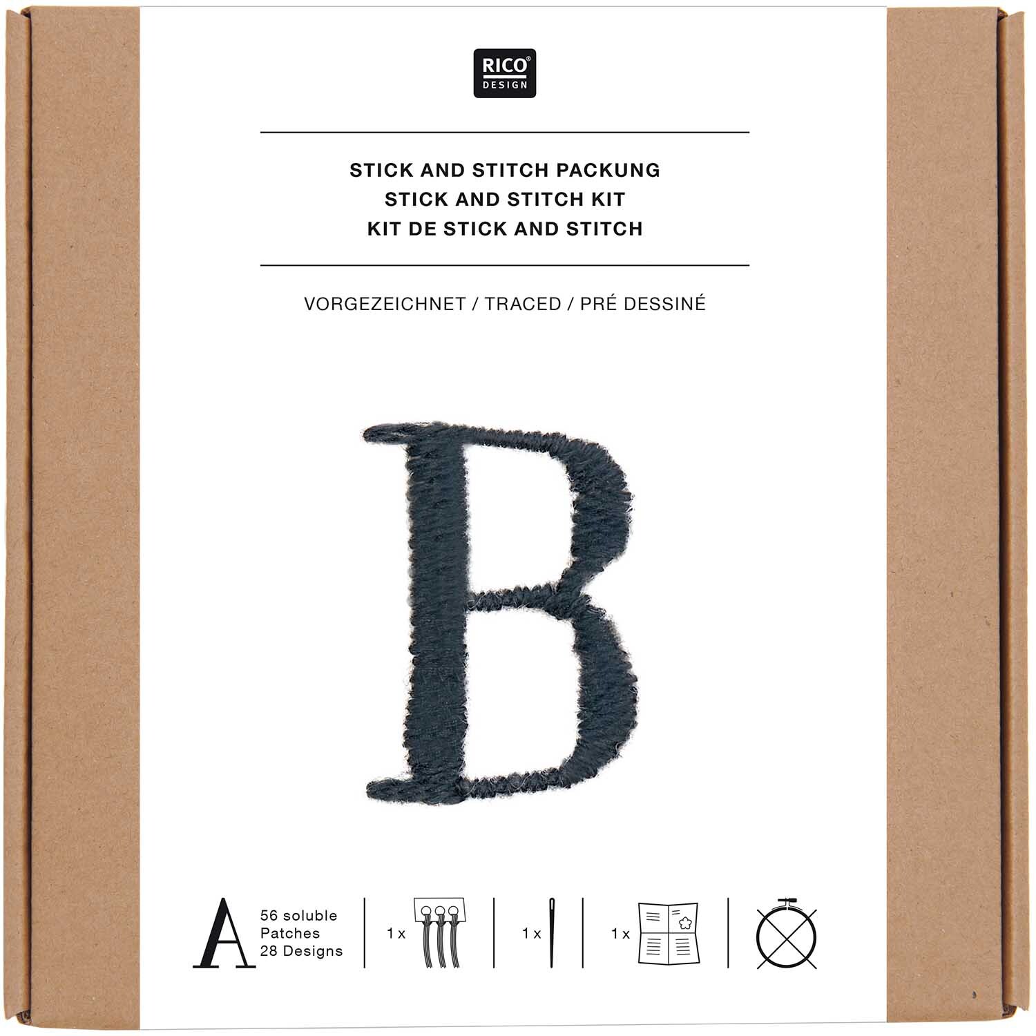 Stick and Stitch Stickpackung Alphabet vorgezeichnet Schwarz 56 Stück von Rico Design