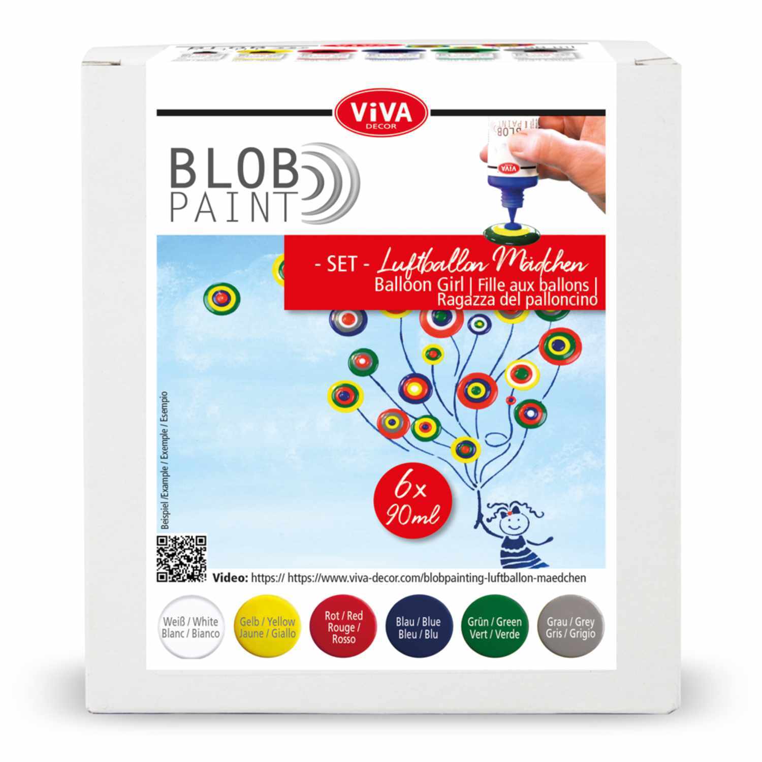 Blob Paint Set Luftballon-Mädchen 6x90ml zeigt ein fröhliches Mädchen mit bunten Ballons. Ideal für kreative Malprojekte. Marke: Viva Decor.
