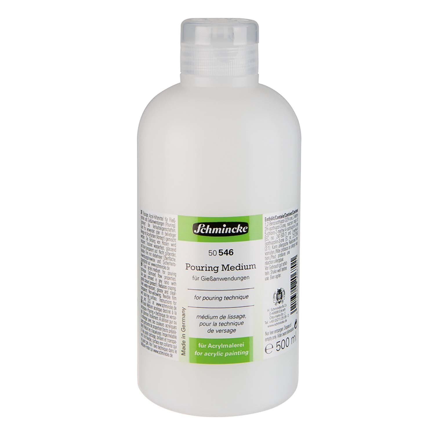Pouring Medium 500ml von Schmincke, transparent, in einer weißen Flasche mit grünem Etikett. Ideal für Gießtechniken.