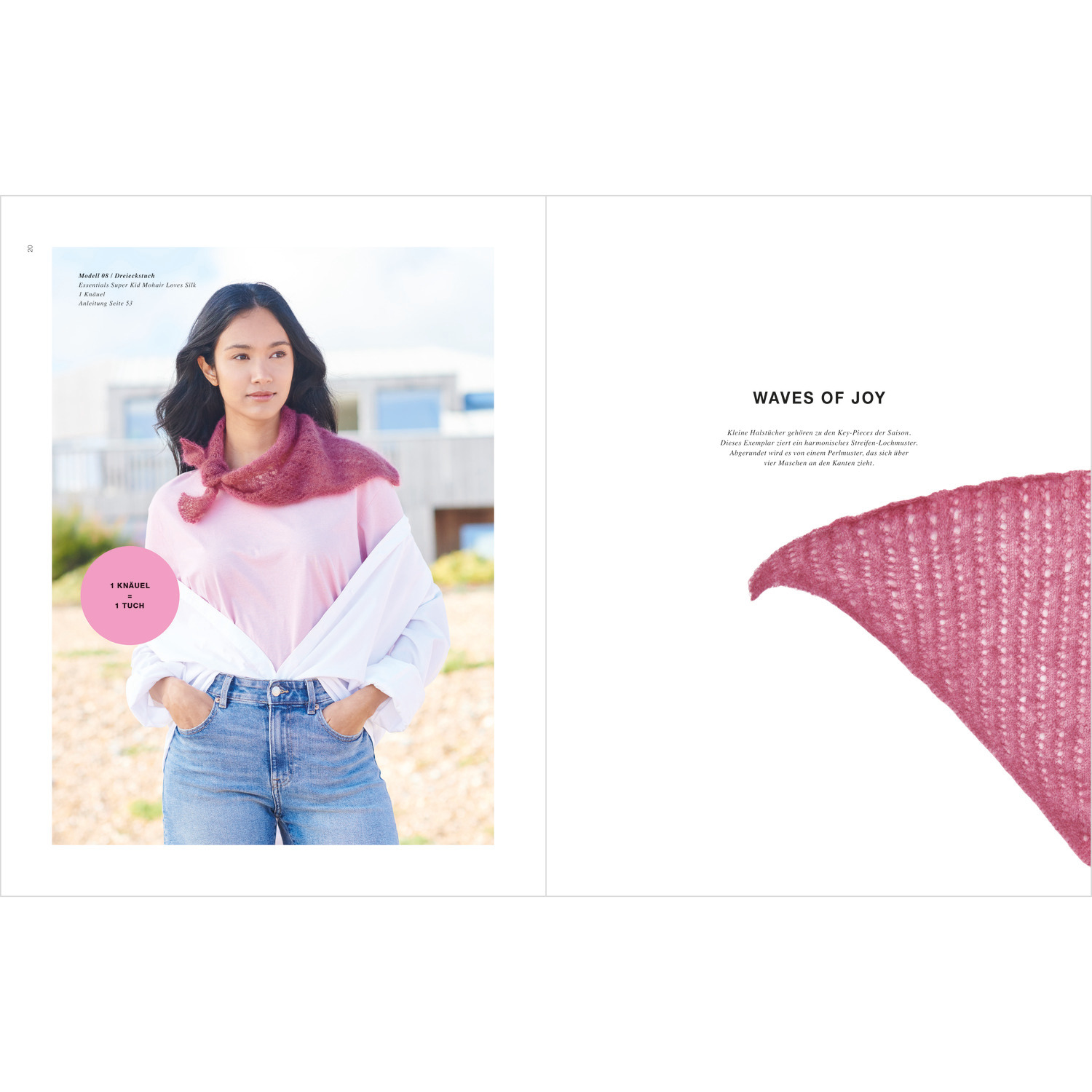 Tücher Special: Frau trägt ein rosa Tuch von Rico Design, kombiniert mit weißem Hemd und Jeans, im Freien.