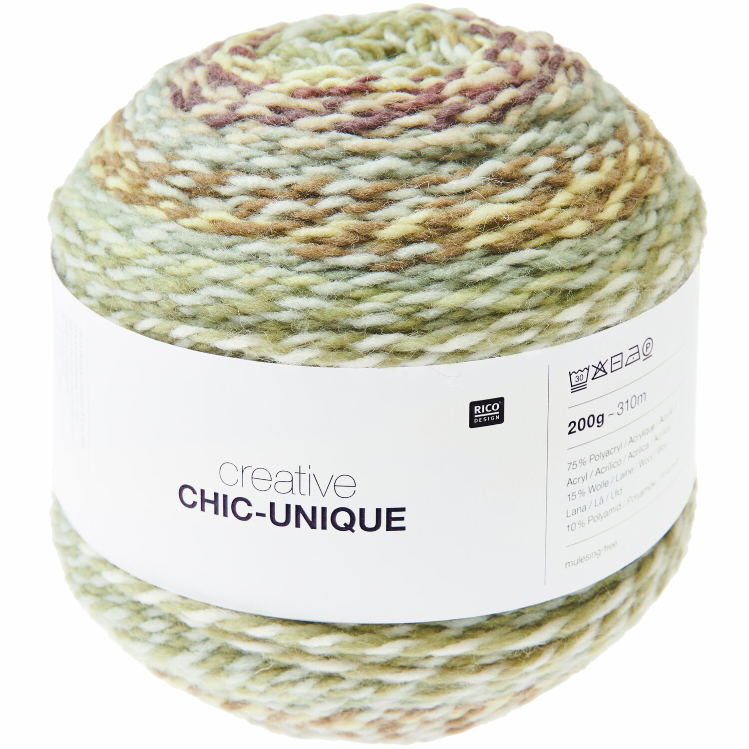 Creative Chic-Unique: Weiches Garn in Oliv- und Brauntönen, 200g, 310m, von Rico Design. Ideal für Strickprojekte.