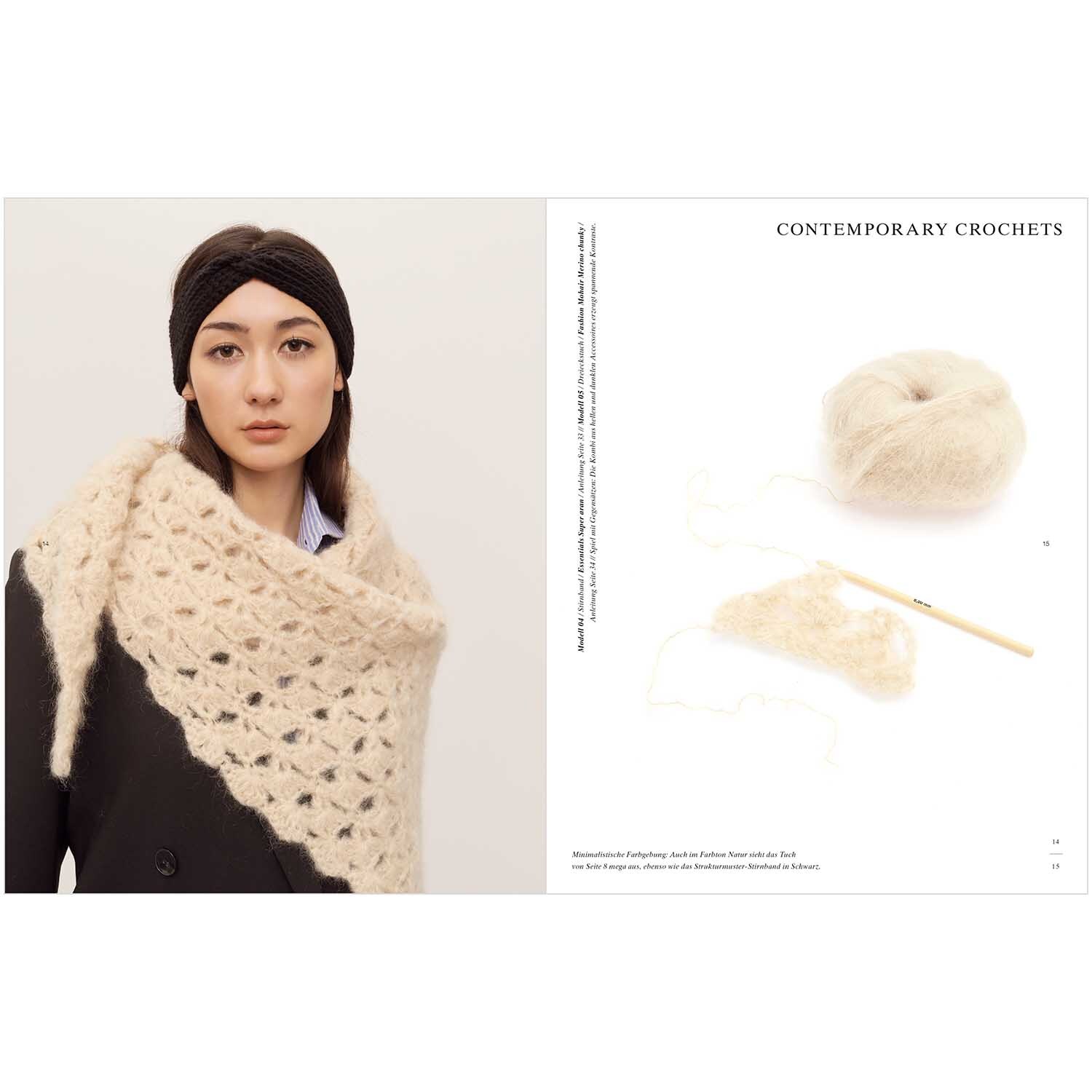 Winter Crochet Collection: Frau mit cremefarbenem Häkel-Schal und schwarzem Stirnband von Rico Design.