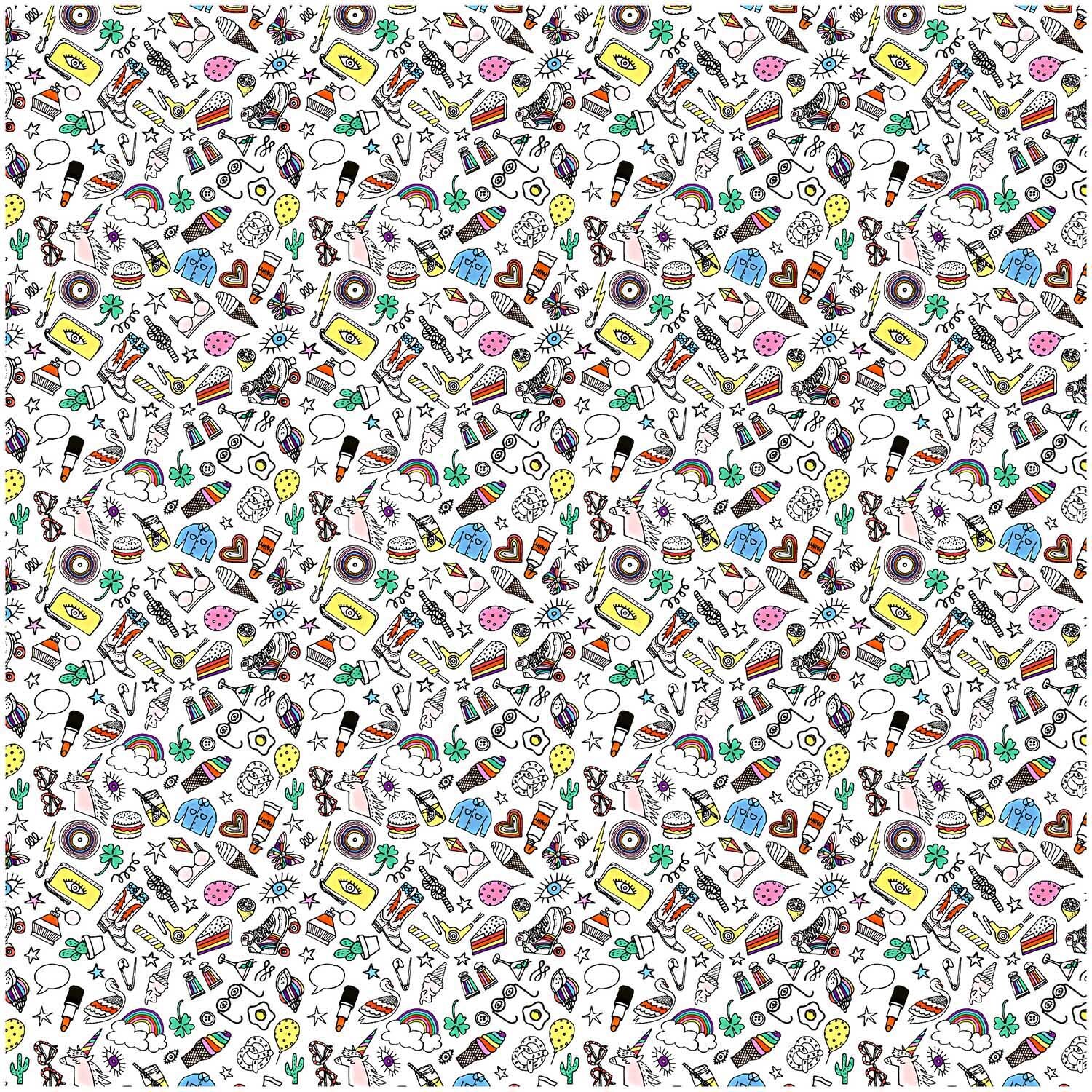 Stoff Jersey Icons zeigt ein lebendiges Muster aus bunten Symbolen auf weißem Hintergrund von Rico Design.