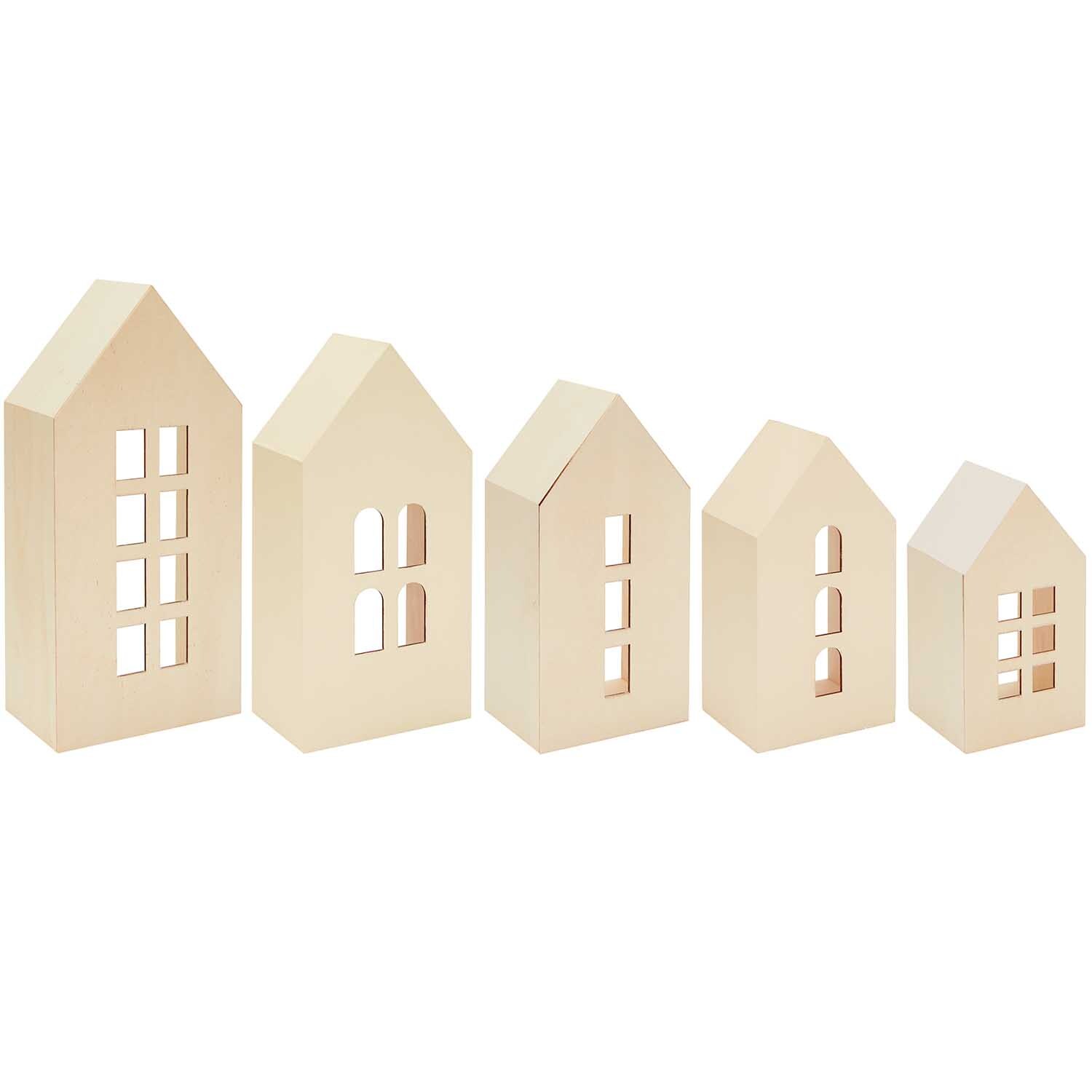 Holz-Deko-Häuser aus Holz mit Fenster von Rico Design. Fünf naturfarbene Häuser mit Fensterausschnitten in verschiedenen Größen.