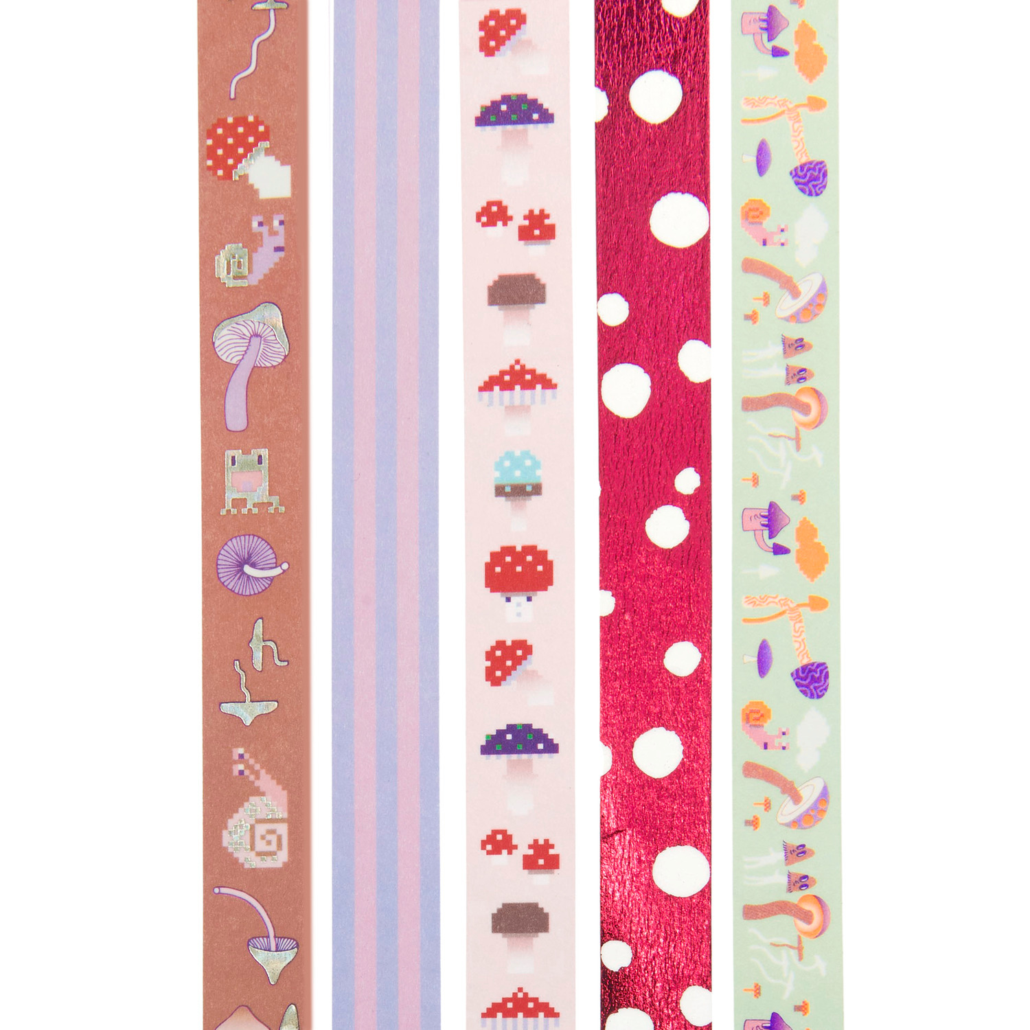 Paper Poetry Tape Set Shrooom Big Shroomies mit fünf bunten Washi-Tapes, Pilz- und Punktmustern. Ideal für kreative Bastelprojekte.