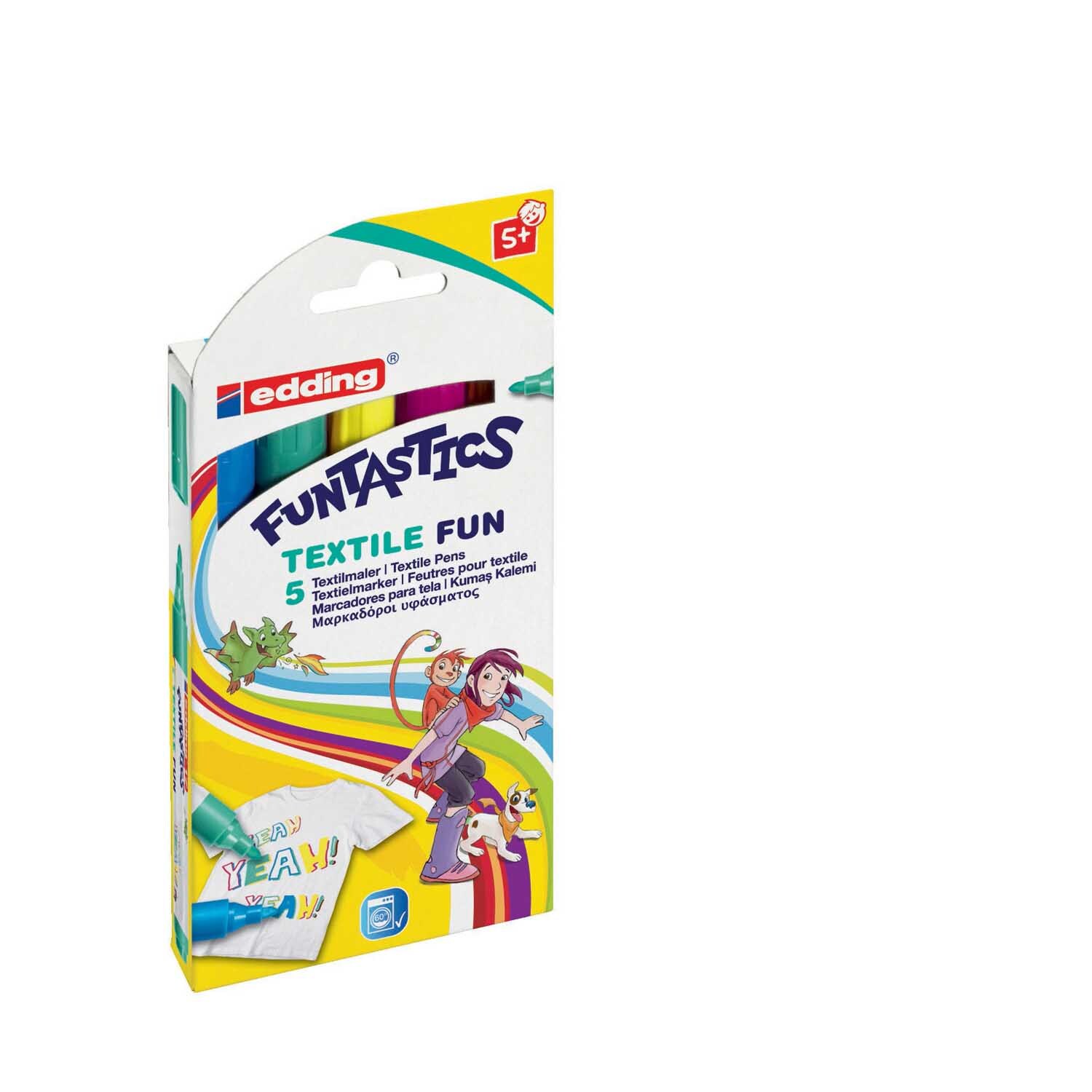 Funtastics Textile Fun von edding: Verpackung mit bunten Textilstiften für kreative Designs.