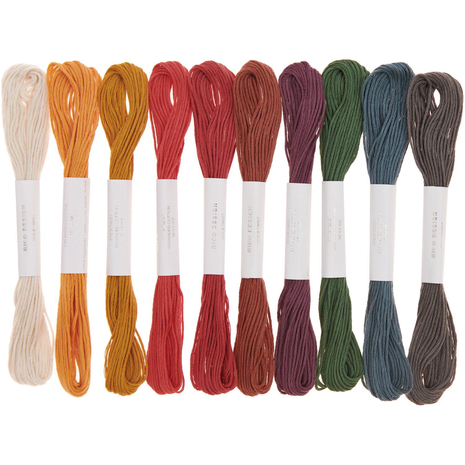 Stickgarn Set Earthy, 10-teilig, von Rico Design mit sortierten warmen und kühlen Farbtönen, ideal zum Sticken detailreicher Handarbeitsprojekte