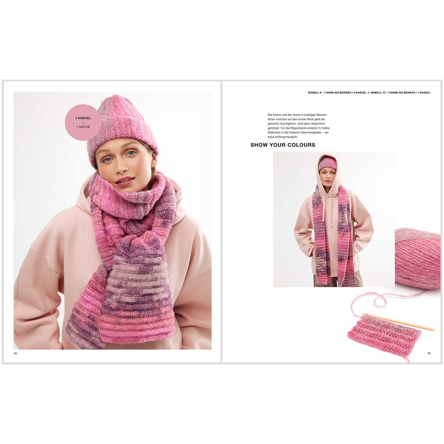 Creative Painted Power Special: Frau trägt rosa gestrickte Mütze und Schal von Rico Design, passend zu beigem Pullover.