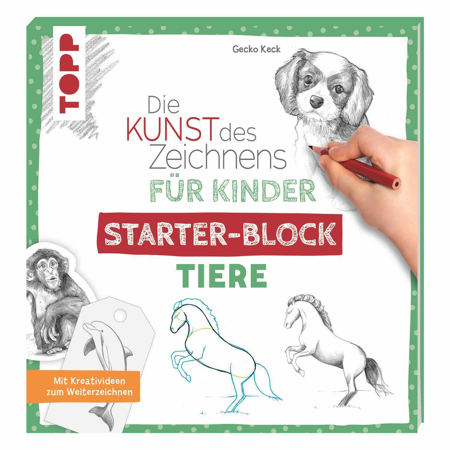 Die Kunst des Zeichnens für Kinder Starter-Block - Tiere zeigt gezeichnete Tiere und eine Hand beim Zeichnen. Marke: TOPP.