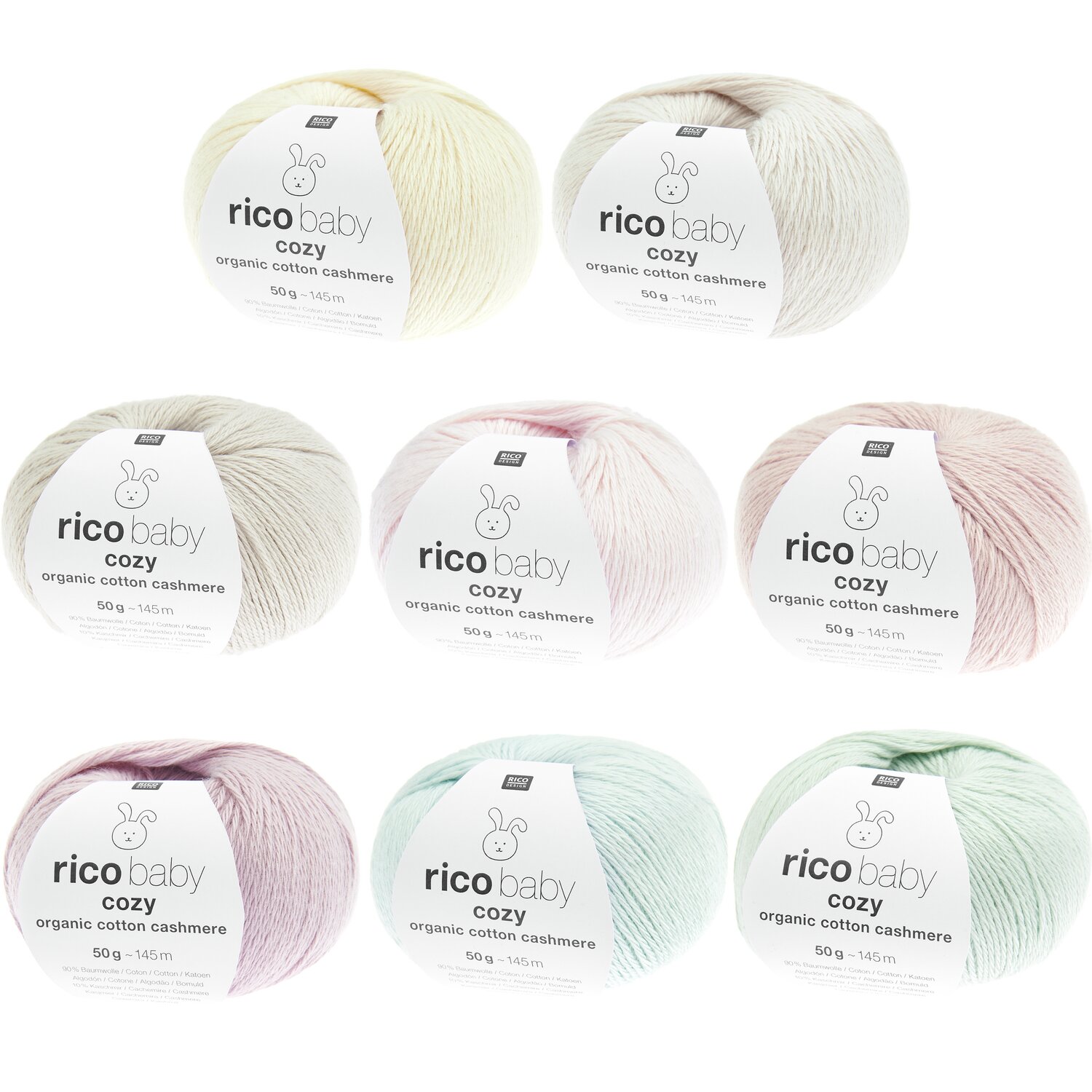 Baby Cozy Organic Cotton Cashmere Sortiment mit 80 Teilen in sanften Farben von Rico Design. Ideal für Strickprojekte, 50g pro Knäuel.