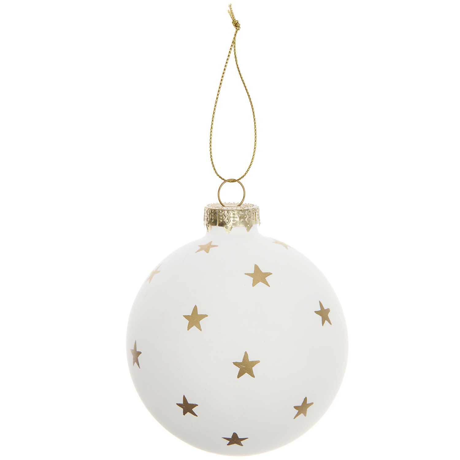 Glaskugel Baumschmuck mit Sterne, Ø 8cm, von Rico Design. Weiße Kugel mit goldenen Sternen und Aufhänger. Ideal für festliche Dekorationen.