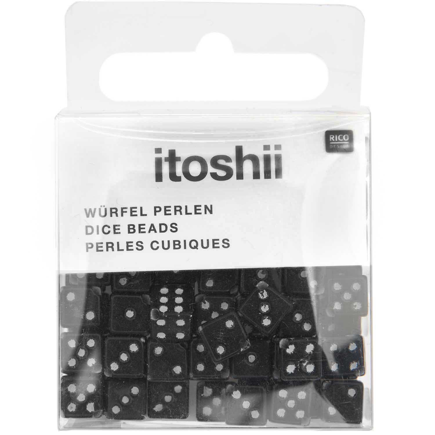 itoshii Perlen Würfel 6mm 96 Stück: Schwarze Würfelperlen in einer transparenten Verpackung von Rico Design. Ideal für kreative Bastelprojekte.