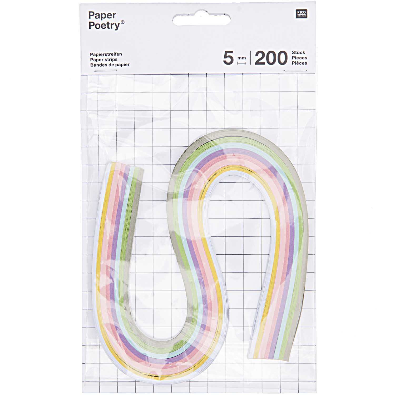 Paper Poetry Quilling Papierstreifen in Pastellfarben, 5mm breit, 200 Stück, von Rico Design. Ideal für kreative Bastelprojekte.