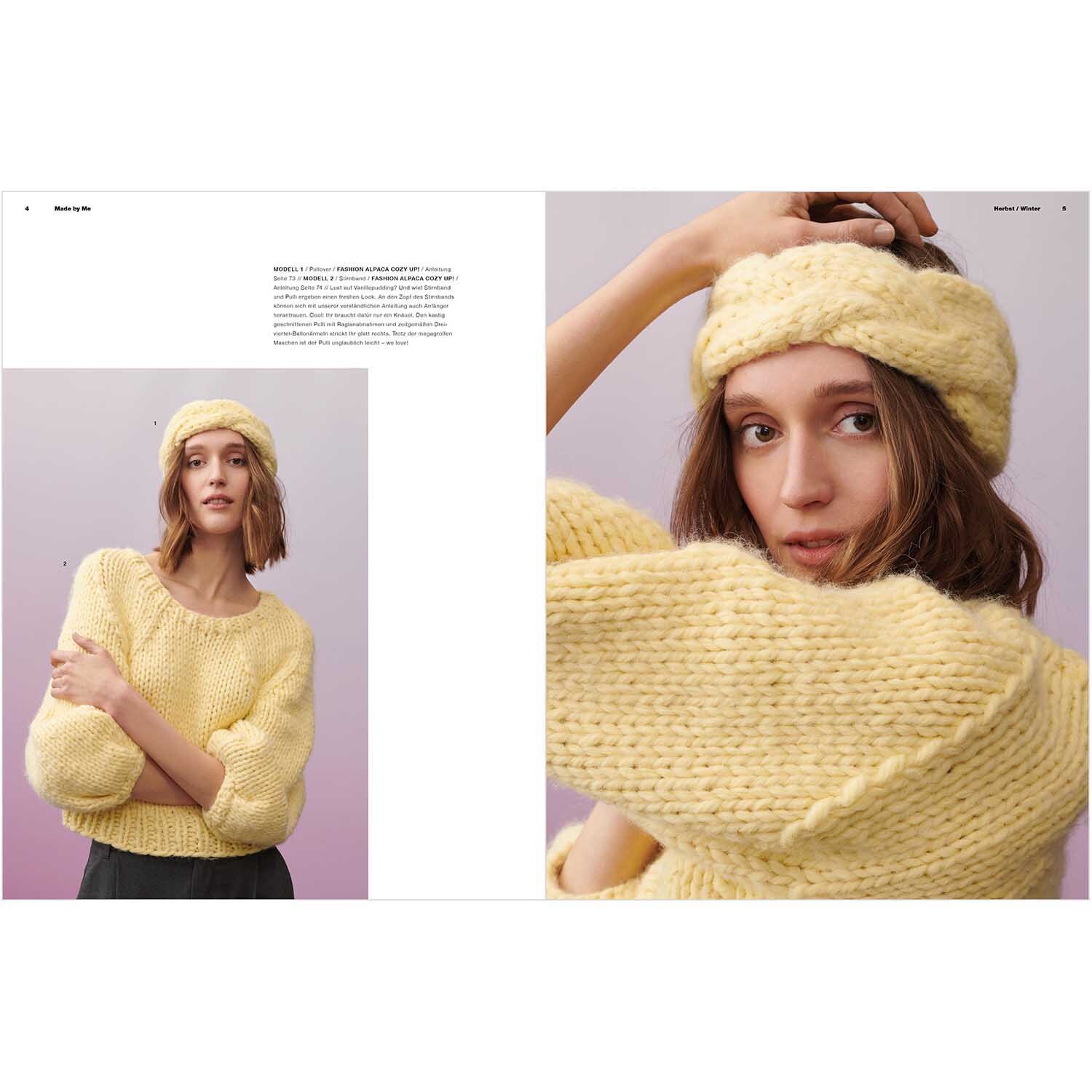 Made by Me Handknitting Nr.13 Herbst-Winter zeigt eine Frau in gelbem Strickpullover und passendem Stirnband von Rico Design.