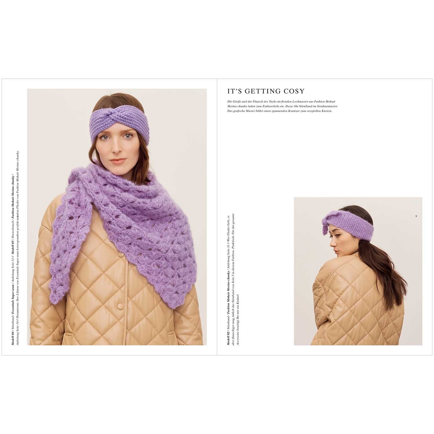 Winter Crochet Collection: Frau trägt lila gehäkeltes Stirnband und Schal von Rico Design über beigem Steppmantel.