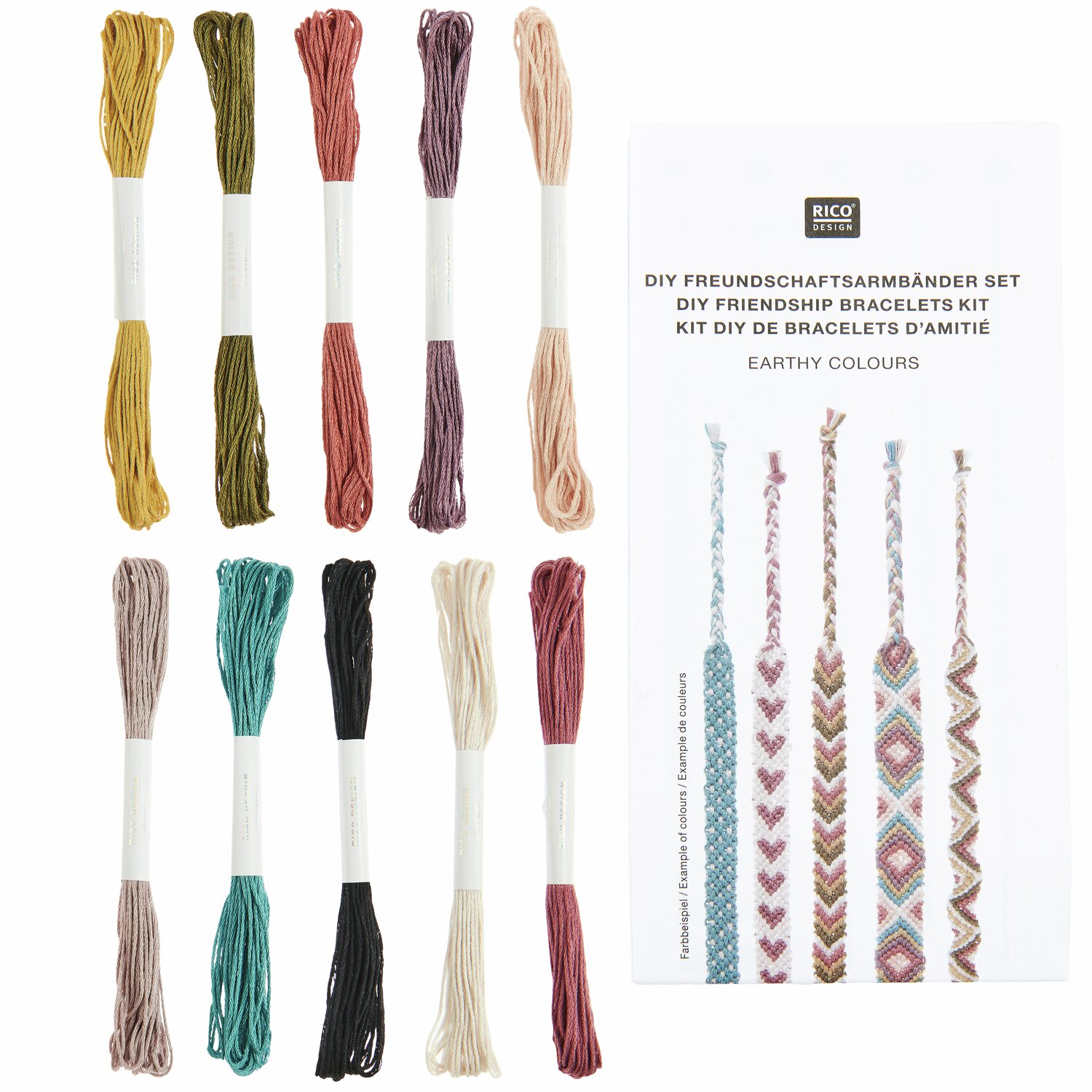 DIY Freundschaftsarmbänder Set Earthy Colours mit bunten Garnen von Rico Design für kreative Armbänder. Ideal für individuelle Schmuckprojekte.